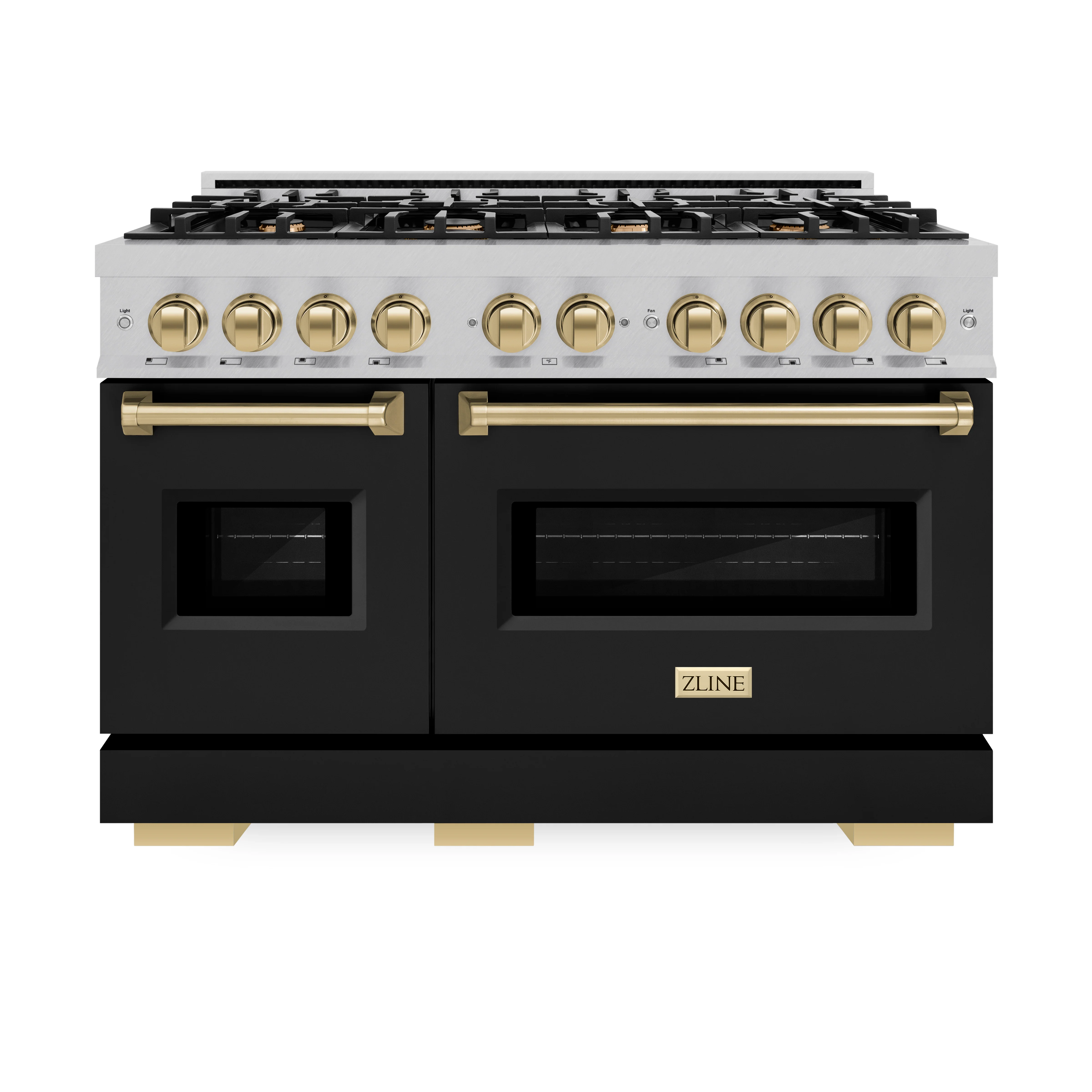 ZLINE Autograph Edition 48 in. 6.7 cu. ft. Classic Double Oven Gas Range with 8 Burner Cooktop in Satin Stainless Steel with Black Matte Doors and Champagne Bronze Accents (CGRSZ-BLM-48-CB) - Image 4