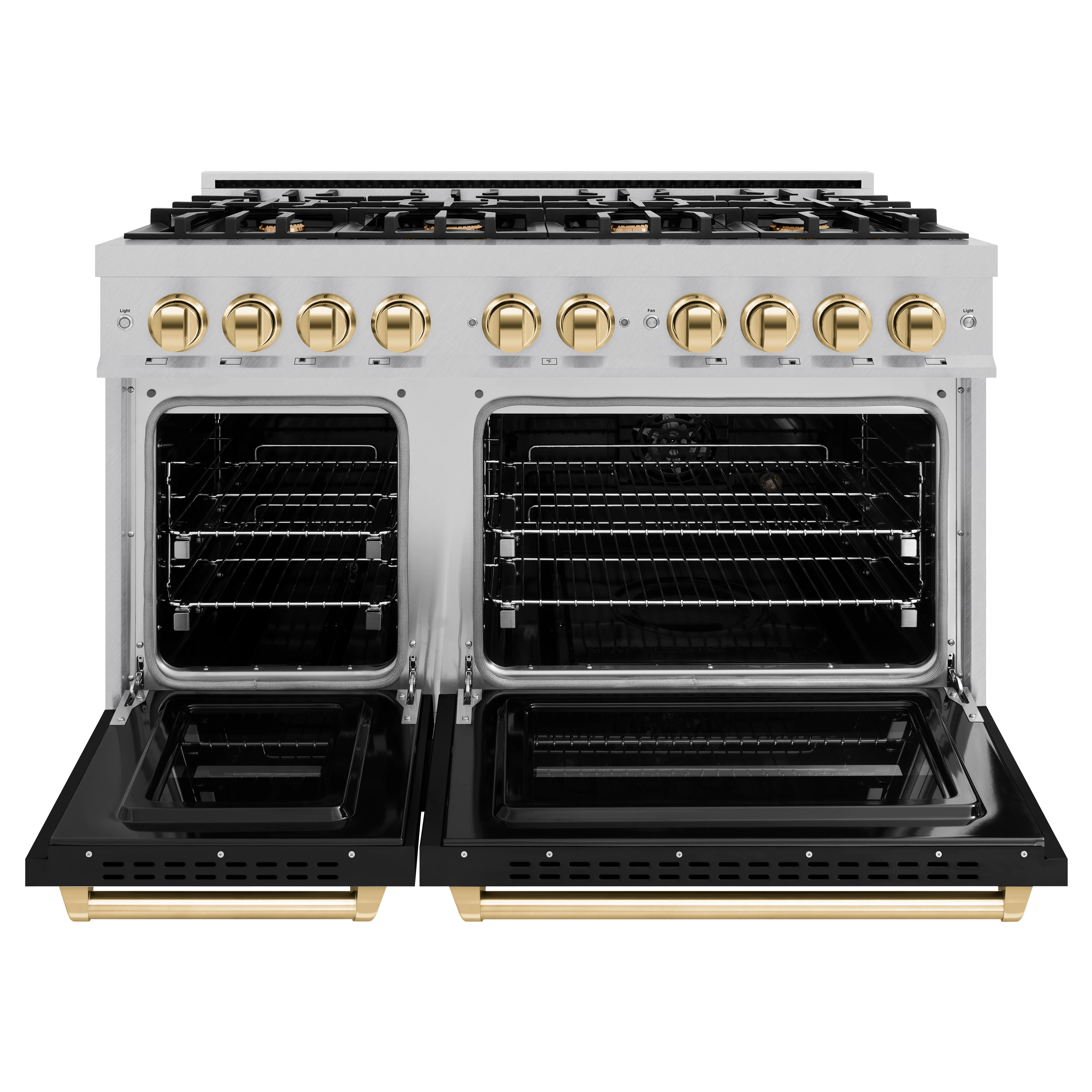 ZLINE Autograph Edition 48 in. 6.7 cu. ft. Classic Double Oven Gas Range with 8 Burner Cooktop in Satin Stainless Steel with Black Matte Doors and Polished Gold Accents (CGRSZ-BLM-48-G) - Image 3