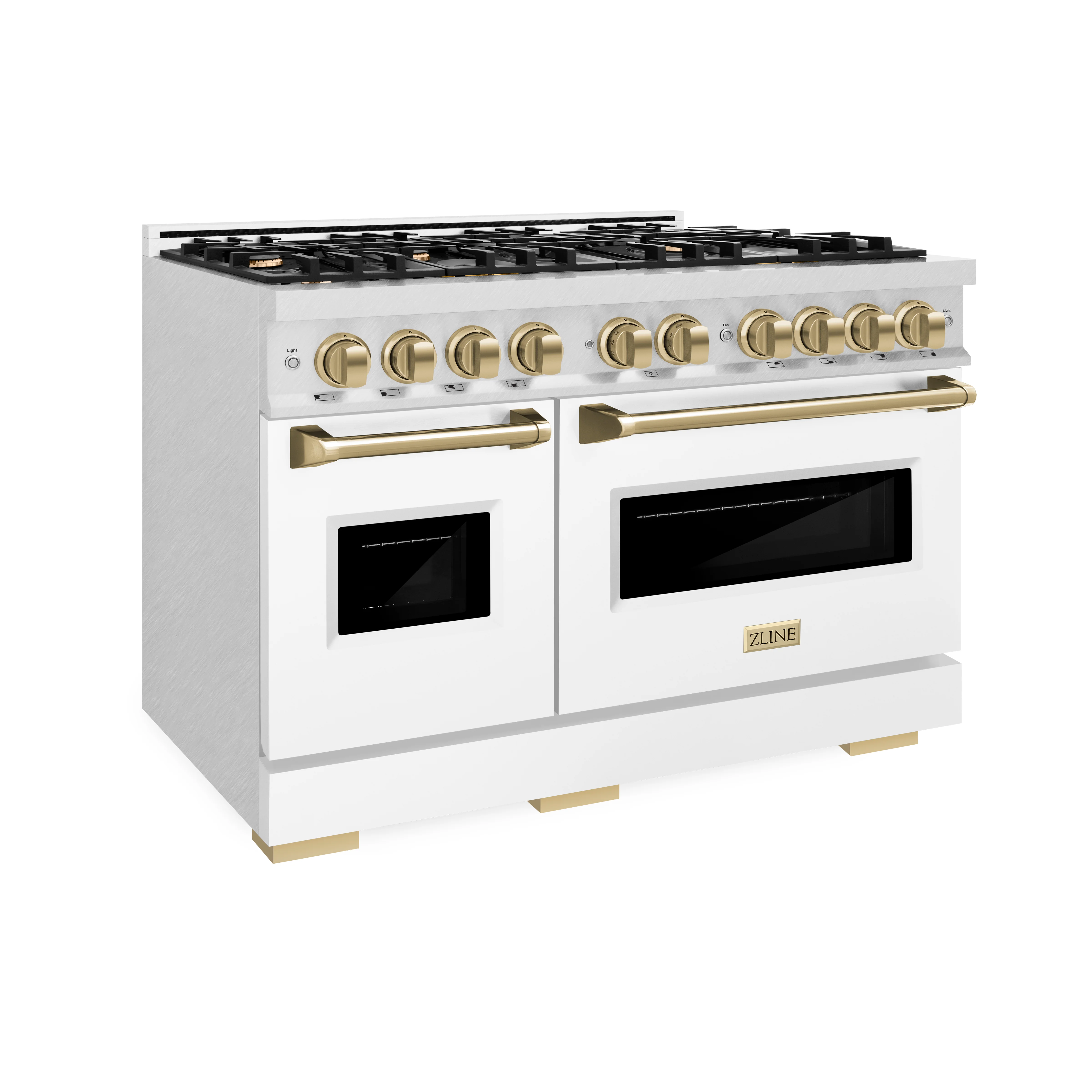 ZLINE Autograph Edition 48 in. 6.7 cu. ft. Classic Double Oven Gas Range with 8 Burner Cooktop in Satin Stainless Steel with White Matte Doors and Champagne Bronze Accents (CGRSZ-WM-48-CB) - Image 5