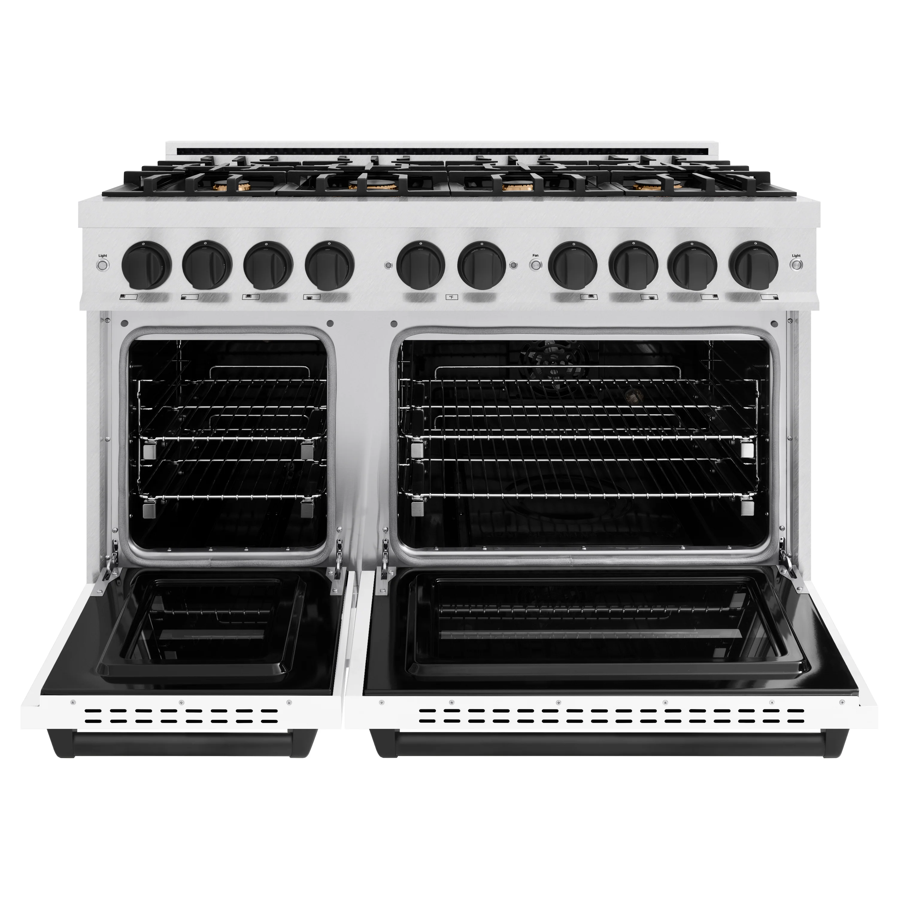 ZLINE Autograph Edition 48 in. 6.7 cu. ft. Classic Double Oven Gas Range with 8 Burner Cooktop in Satin Stainless Steel with White Matte Doors and Matte Black Accents (CGRSZ-WM-48-MB) - Image 3