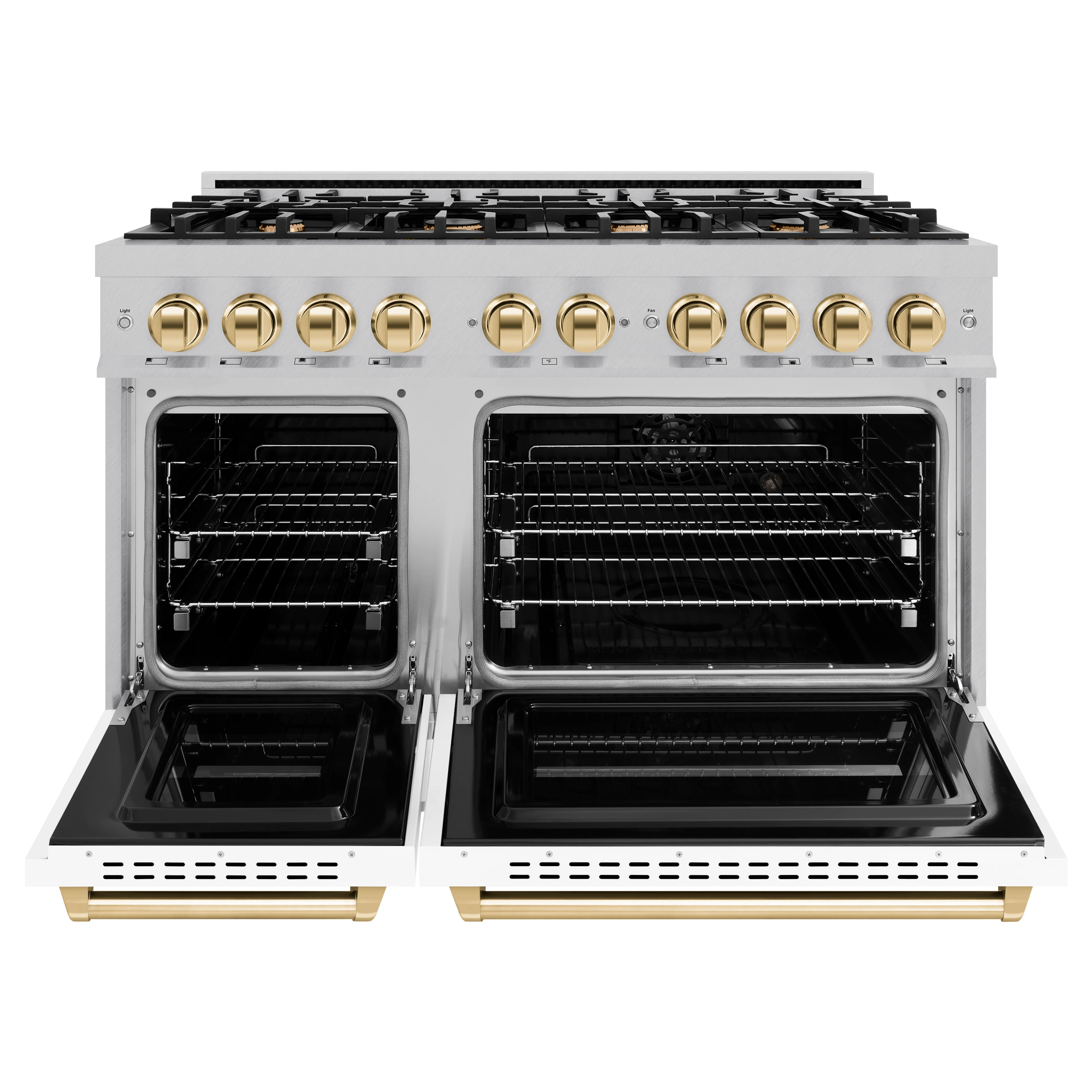 ZLINE Autograph Edition 48 in. 6.7 cu. ft. Classic Double Oven Gas Range with 8 Burner Cooktop in Satin Stainless Steel with White Matte Doors and Polished Gold Accents (CGRSZ-WM-48-G) - Image 4