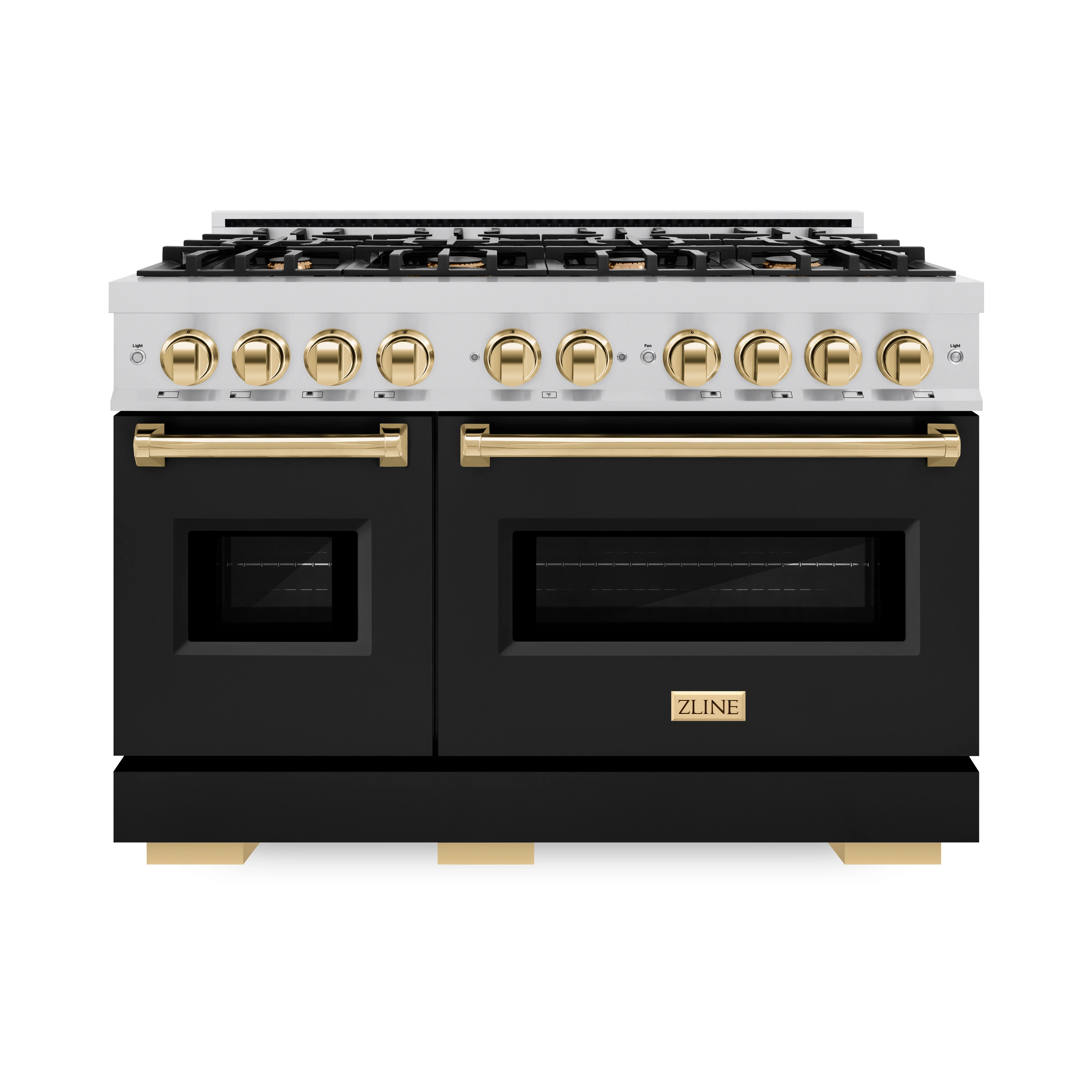 ZLINE Autograph Edition 48 in. 6.7 cu. ft. Classic Double Oven Gas Range with 8 Burner Cooktop in Stainless Steel with Black Matte Doors and Polished Gold Accents (CGRZ-BLM-48-G) - Image 2