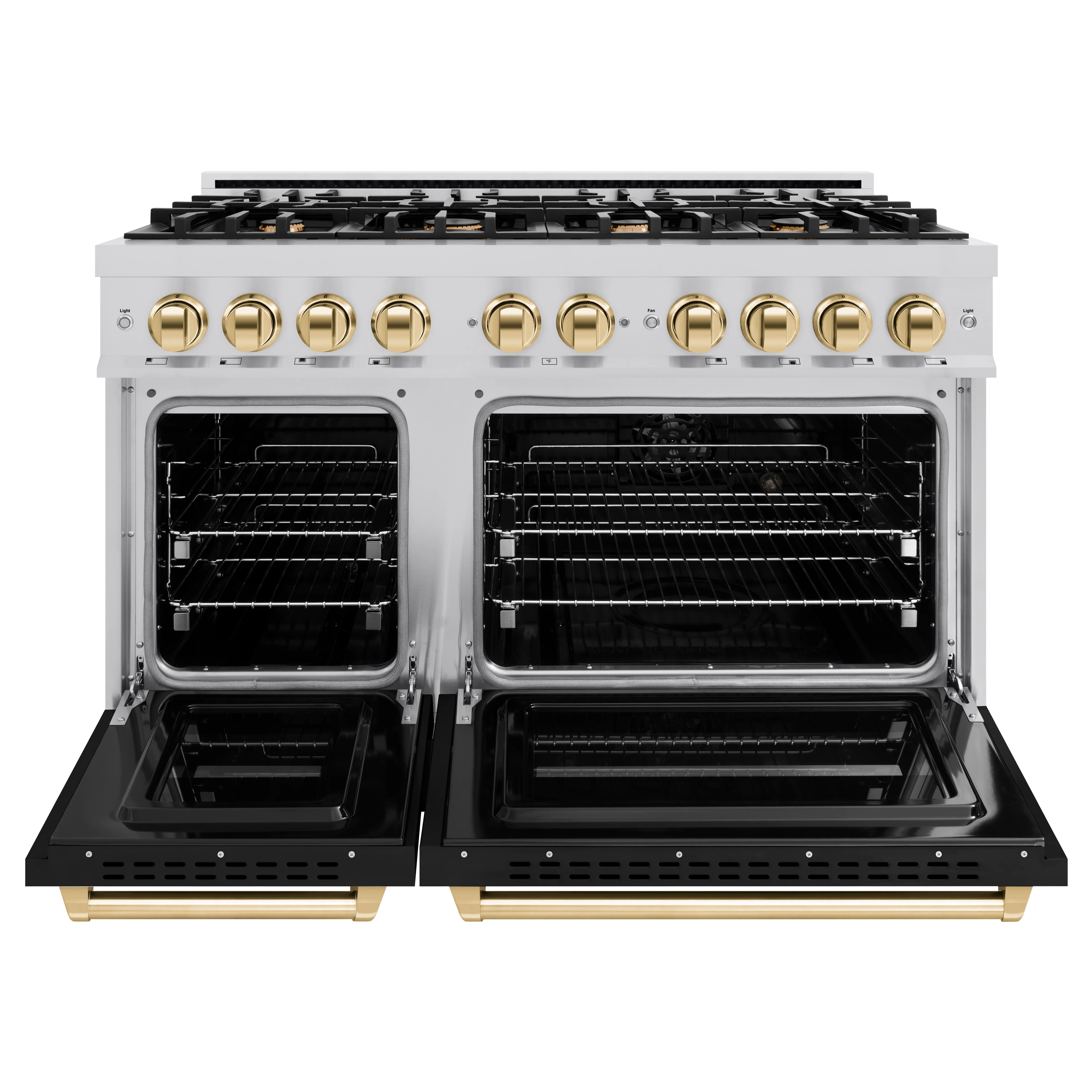 ZLINE Autograph Edition 48 in. 6.7 cu. ft. Classic Double Oven Gas Range with 8 Burner Cooktop in Stainless Steel with Black Matte Doors and Polished Gold Accents (CGRZ-BLM-48-G) - Image 3