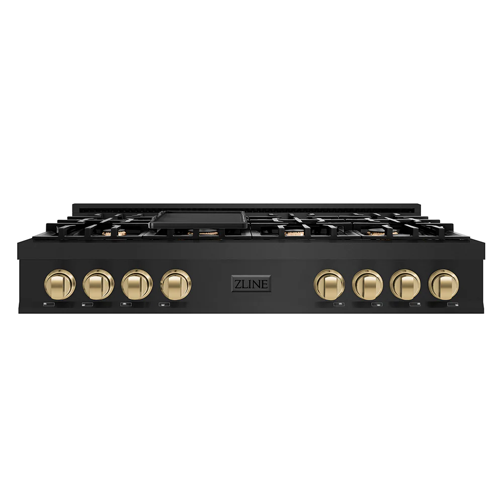 ZLINE Autograph Edition 48 in. Classic Gas Rangetop with 8 Burners and Porcelain Cooktop in Black Stainless Steel with Champagne Bronze Accents (RTBZ-48-CB)