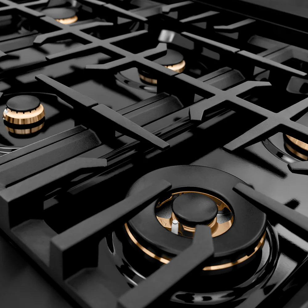 ZLINE Autograph Edition 48 in. Classic Gas Rangetop with 8 Burners and Porcelain Cooktop in Black Stainless Steel with Champagne Bronze Accents (RTBZ-48-CB) - Image 4