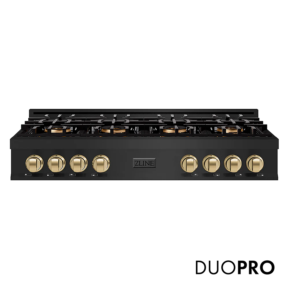 ZLINE Autograph Edition 48 in. Classic Gas Rangetop with 8 Burner DuoPro™ Cooktop in Black Stainless Steel and Champagne Bronze Accents (PCRTBZ-48-CB)