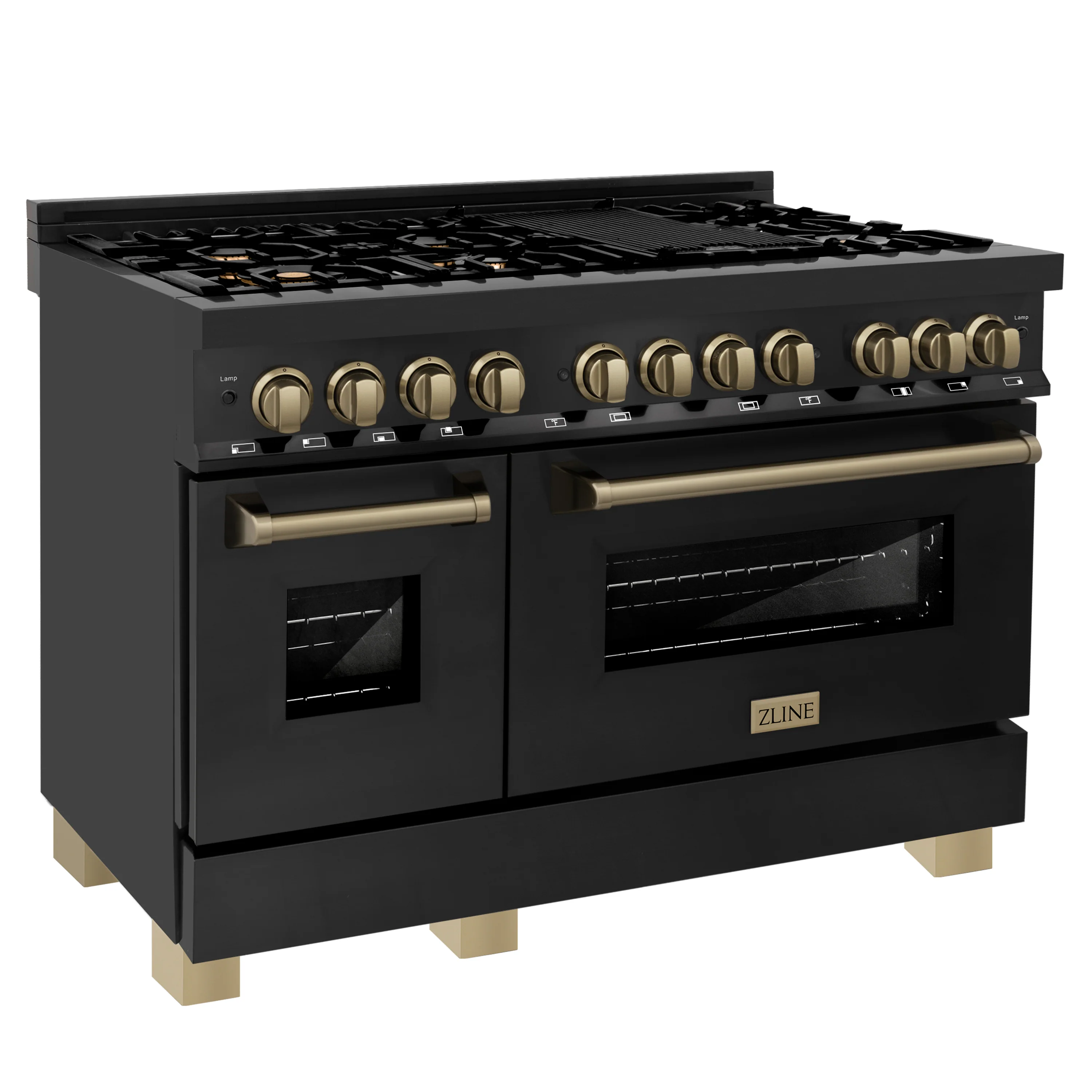 ZLINE Autograph Edition 48 in. 6.0 cu. ft. Legacy Dual Fuel Range with 7 Burner Gas Cooktop and 2 Electric Ovens in Black Stainless Steel and Champagne Bronze Accents, Open Box-Great Condition