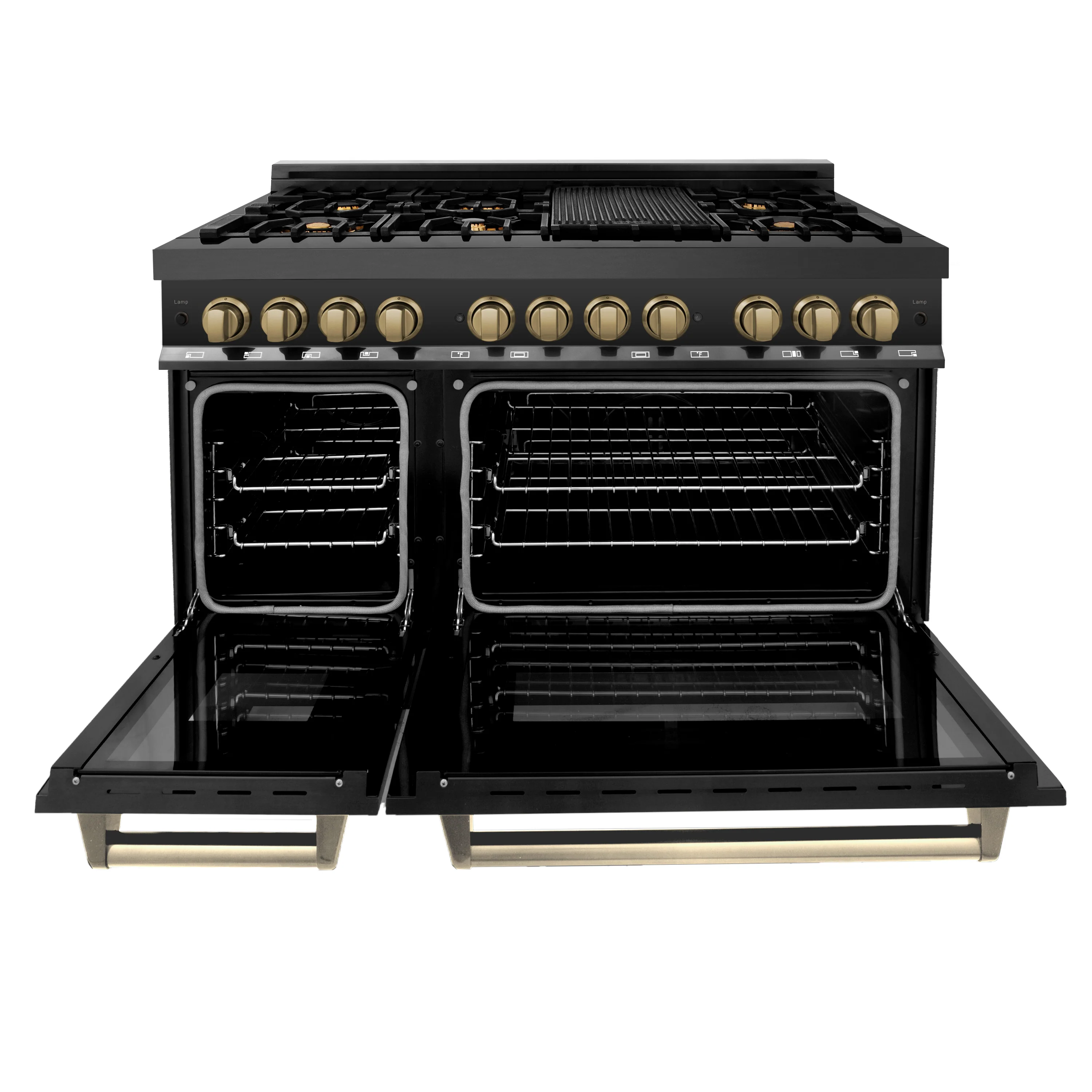 ZLINE Autograph Edition 48 in. 6.0 cu. ft. Legacy Dual Fuel Range with 7 Burner Gas Cooktop and 2 Electric Ovens in Black Stainless Steel and Champagne Bronze Accents, Open Box-Great Condition - Image 5