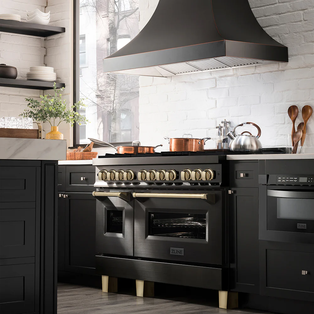 ZLINE Autograph Edition 48 in. 6.0 cu. ft. Legacy Dual Fuel Range with 7 Burner Gas Cooktop and 2 Electric Ovens in Black Stainless Steel and Polished Gold Accents, Open Box-Great Condition - Image 2