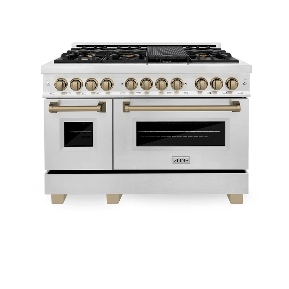 ZLINE Autograph Edition 48 in. 6.0 cu. ft. Legacy Dual Fuel Range with 7 Burner Gas Cooktop and 2 Electric Ovens in Satin Stainless Steel and Champagne Bronze Accents, Open Box-Great Condition - Image 3