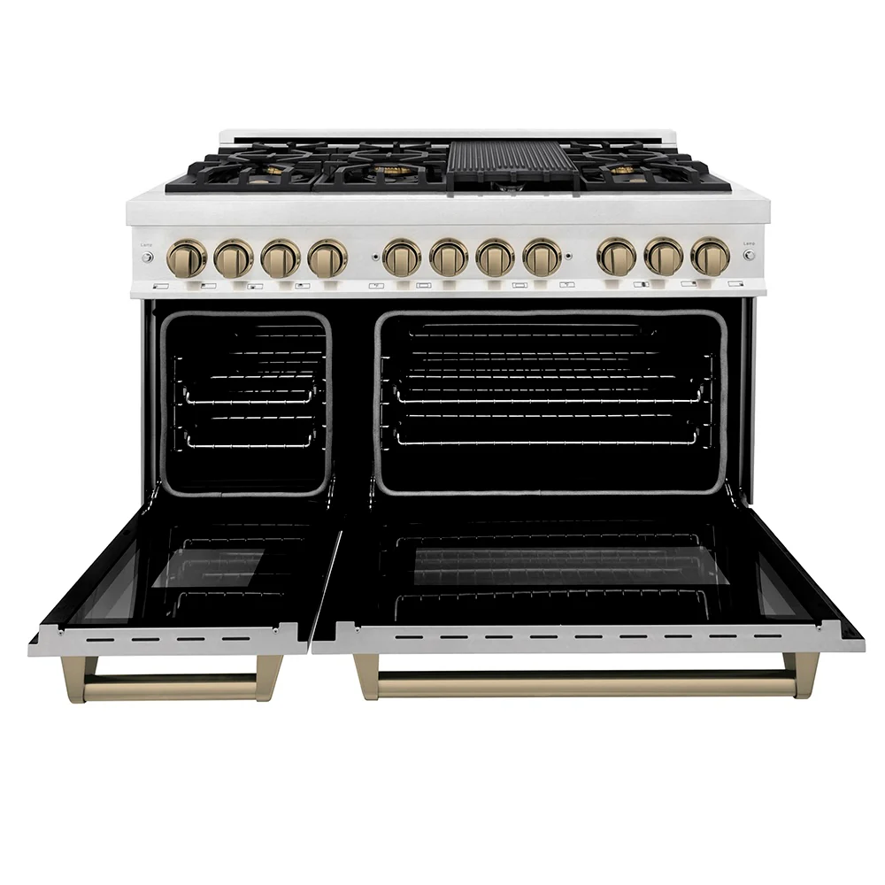 ZLINE Autograph Edition 48 in. 6.0 cu. ft. Legacy Dual Fuel Range with 7 Burner Gas Cooktop and 2 Electric Ovens in Satin Stainless Steel and Champagne Bronze Accents, Open Box-Great Condition - Image 4