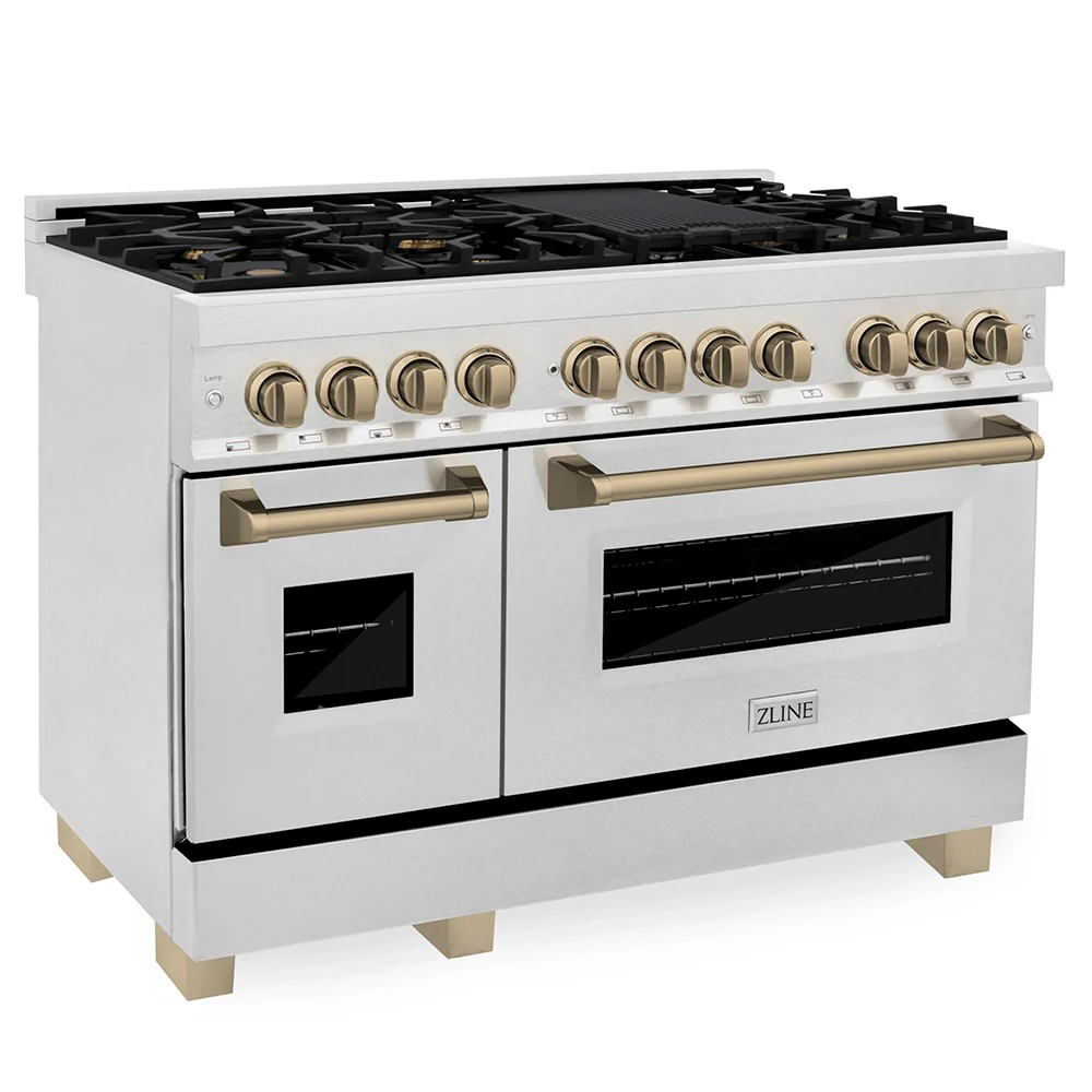 ZLINE Autograph Edition 48 in. 6.0 cu. ft. Legacy Dual Fuel Range with 7 Burner Gas Cooktop and 2 Electric Ovens in Satin Stainless Steel and Champagne Bronze Accents, Open Box-Great Condition - Image 5