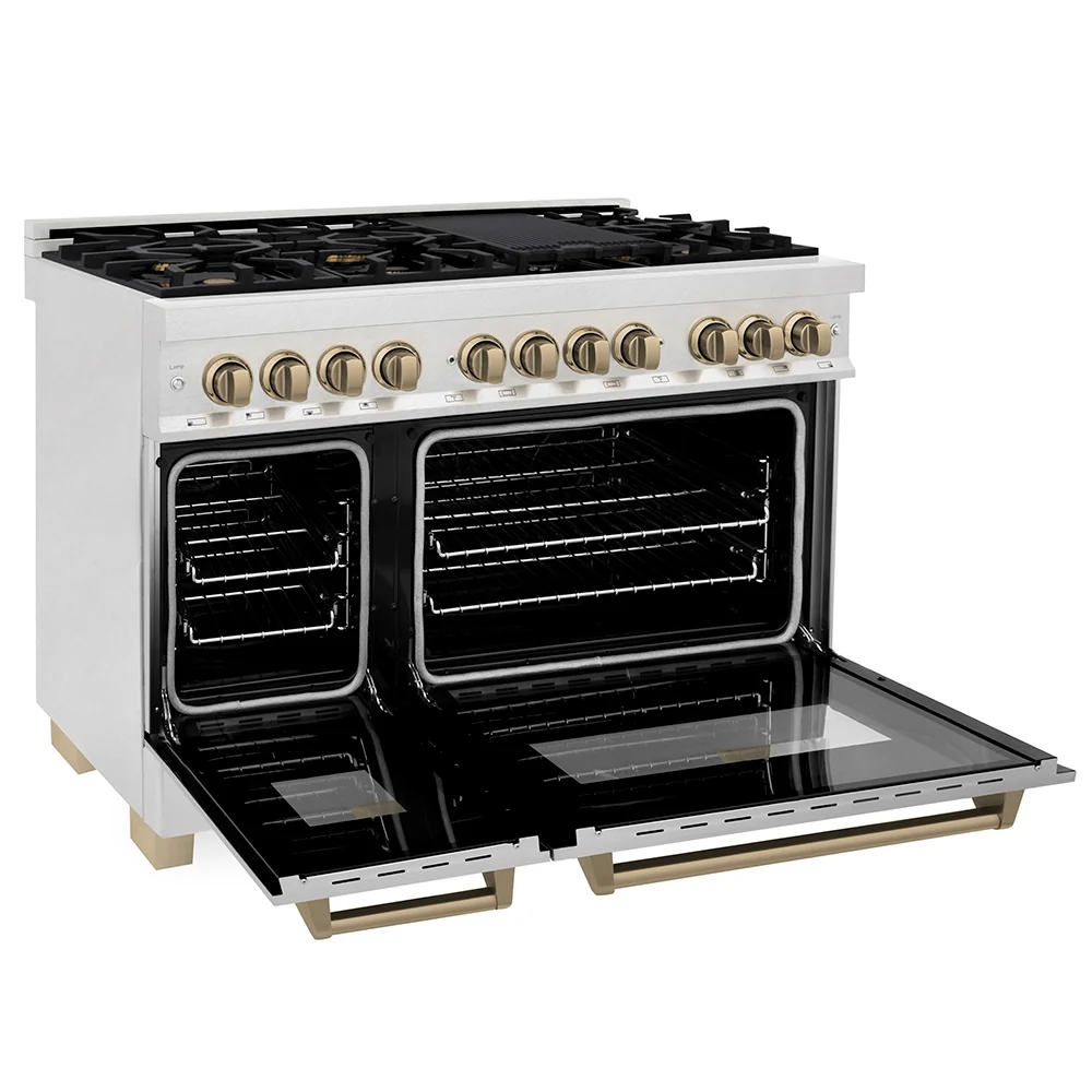 ZLINE Autograph Edition 48 in. 6.0 cu. ft. Legacy Dual Fuel Range with 7 Burner Gas Cooktop and 2 Electric Ovens in Satin Stainless Steel and Champagne Bronze Accents, Open Box-Great Condition - Image 6