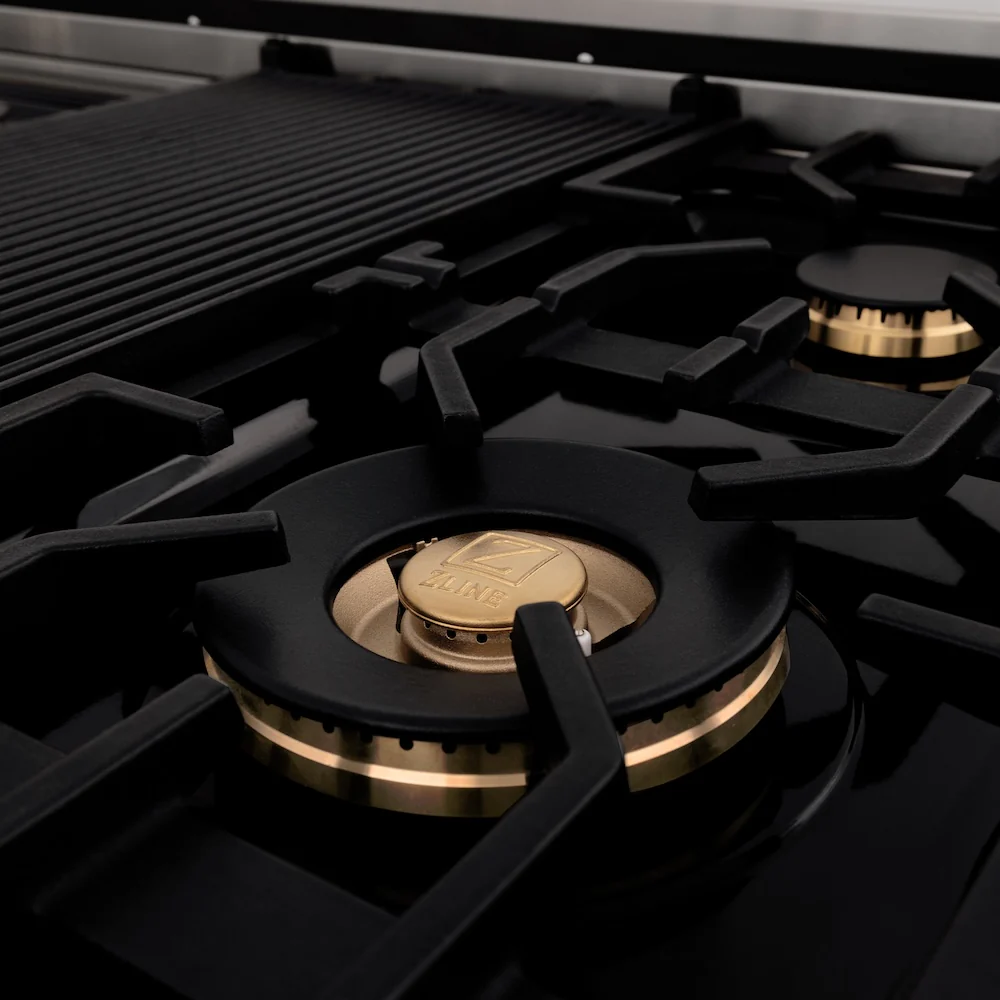 ZLINE Autograph Edition 48 in. 6.0 cu. ft. Legacy Dual Fuel Range with 7 Burner Gas Cooktop and 2 Electric Ovens in Satin Stainless Steel with Black Matte Doors and Champagne Bronze Accents, Open Box-Great Condition - Image 10