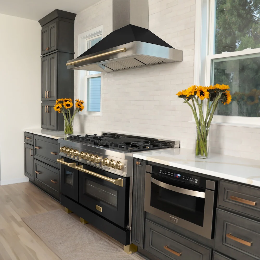 ZLINE Autograph Edition 48 in. 6.0 cu. ft. Legacy Dual Fuel Range with 7 Burner Gas Cooktop and 2 Electric Ovens in Satin Stainless Steel with Black Matte Doors and Champagne Bronze Accents, Open Box-Great Condition - Image 17