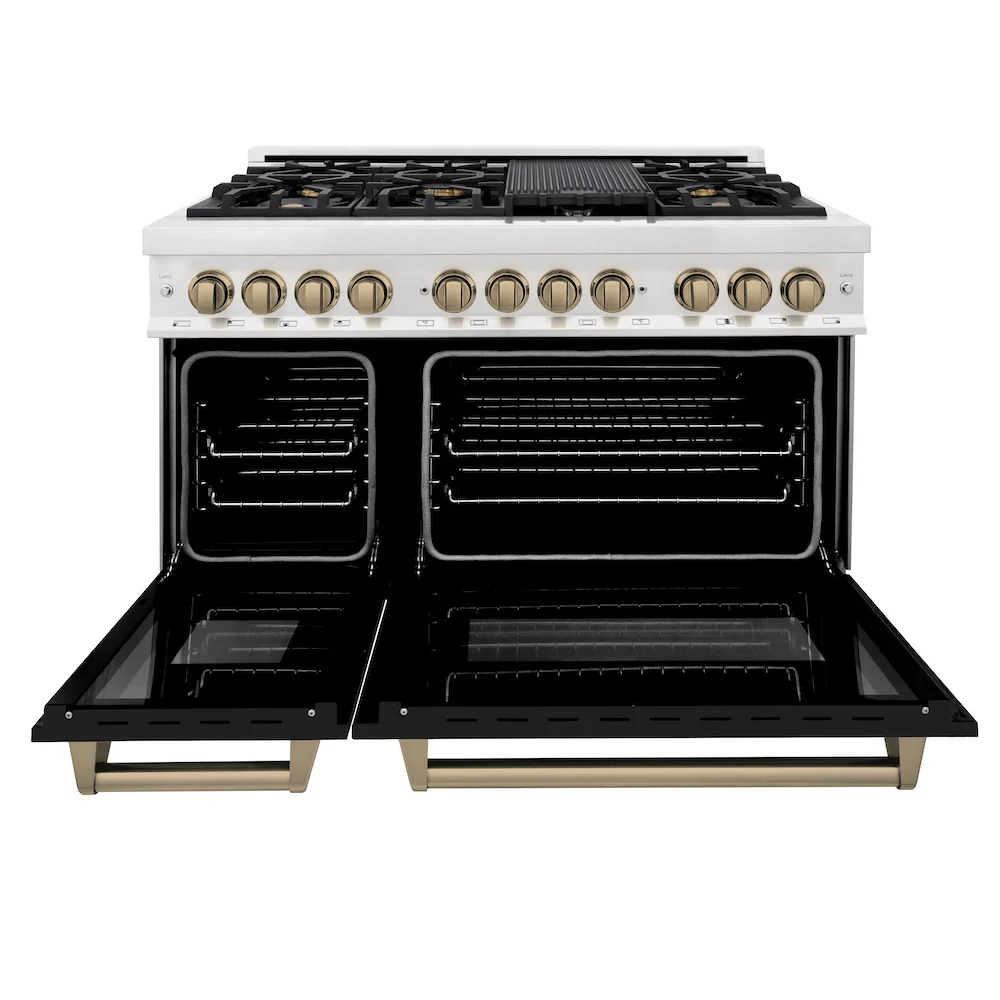 ZLINE Autograph Edition 48 in. 6.0 cu. ft. Legacy Dual Fuel Range with 7 Burner Gas Cooktop and 2 Electric Ovens in Satin Stainless Steel with Black Matte Doors and Champagne Bronze Accents, Open Box-Great Condition - Image 4