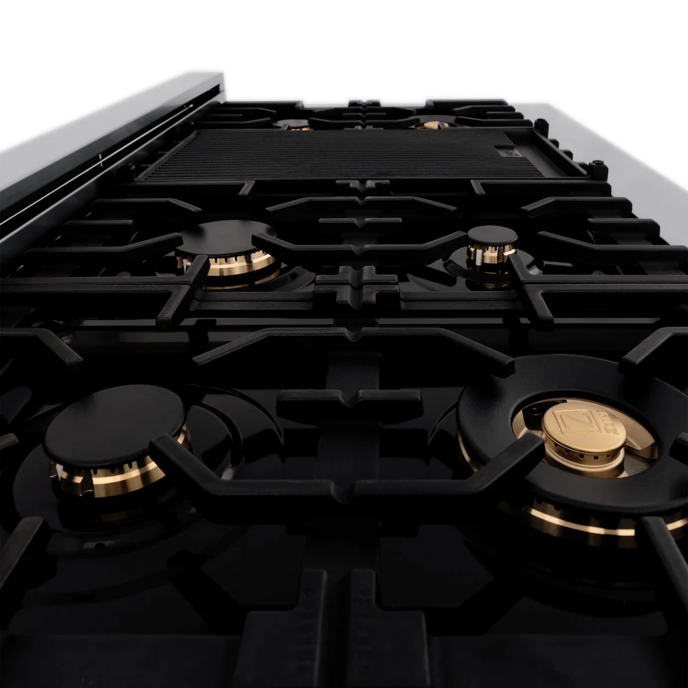ZLINE Autograph Edition 48 in. 6.0 cu. ft. Legacy Dual Fuel Range with 7 Burner Gas Cooktop and 2 Electric Ovens in Satin Stainless Steel with Black Matte Doors and Polished Gold Accents, Open Box-Great Condition - Image 6