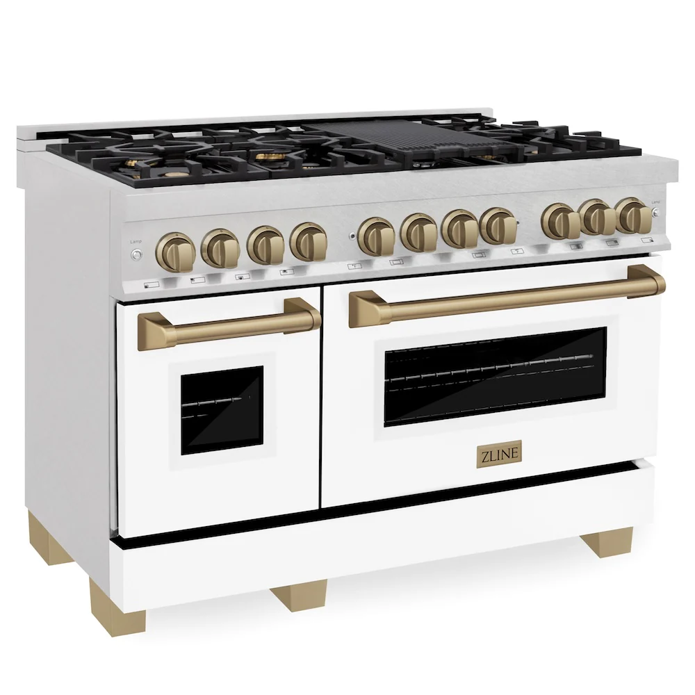 ZLINE Autograph Edition 48 in. 6.0 cu. ft. Legacy Dual Fuel Range with 7 Burner Gas Cooktop and 2 Electric Ovens in Satin Stainless Steel with White Matte Doors and Champagne Bronze Accents, Open Box-Great Condition