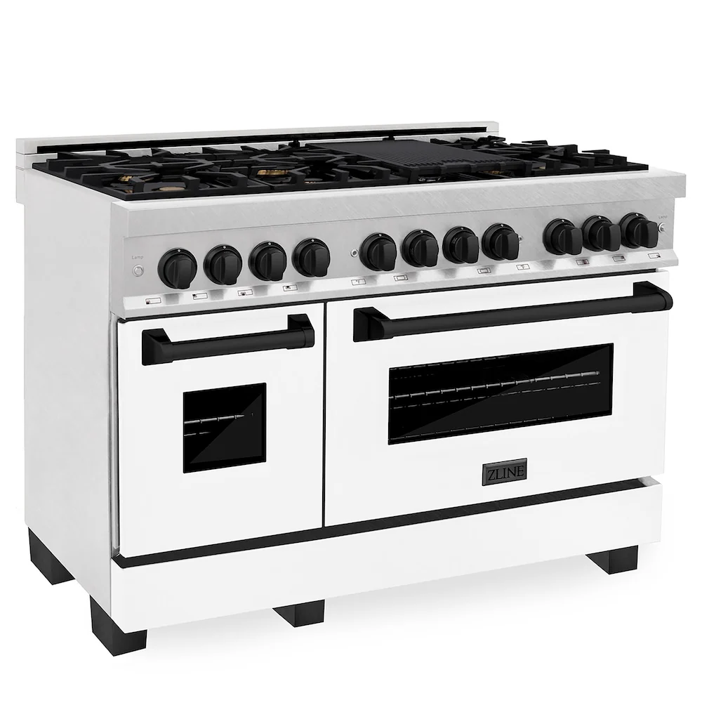 ZLINE Autograph Edition 48 in. 6.0 cu. ft. Legacy Dual Fuel Range with 7 Burner Gas Cooktop and 2 Electric Ovens in Satin Stainless Steel with White Matte Doors and Matte Black Accents, Open Box-Great Condition