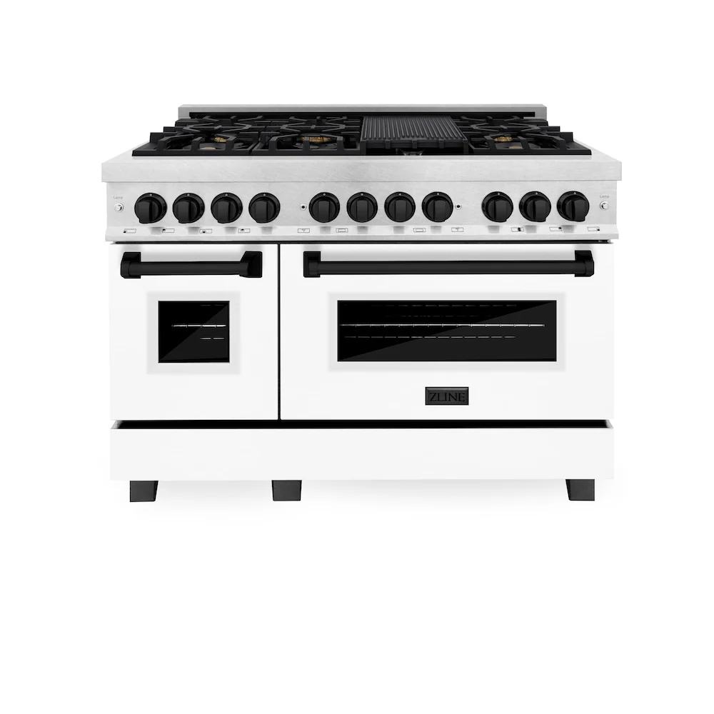 ZLINE Autograph Edition 48 in. 6.0 cu. ft. Legacy Dual Fuel Range with 7 Burner Gas Cooktop and 2 Electric Ovens in Satin Stainless Steel with White Matte Doors and Matte Black Accents, Open Box-Great Condition - Image 4
