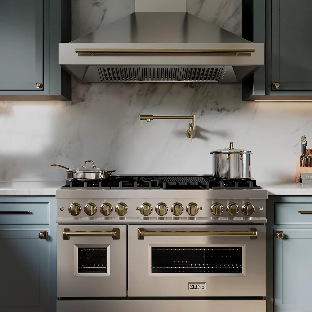 ZLINE Autograph Edition 48 in. 6.0 cu. ft. Legacy Dual Fuel Range with 7 Burner Gas Cooktop and 2 Electric Ovens in Stainless Steel and Champagne Bronze Accents, Open Box-Great Condition - Image 2
