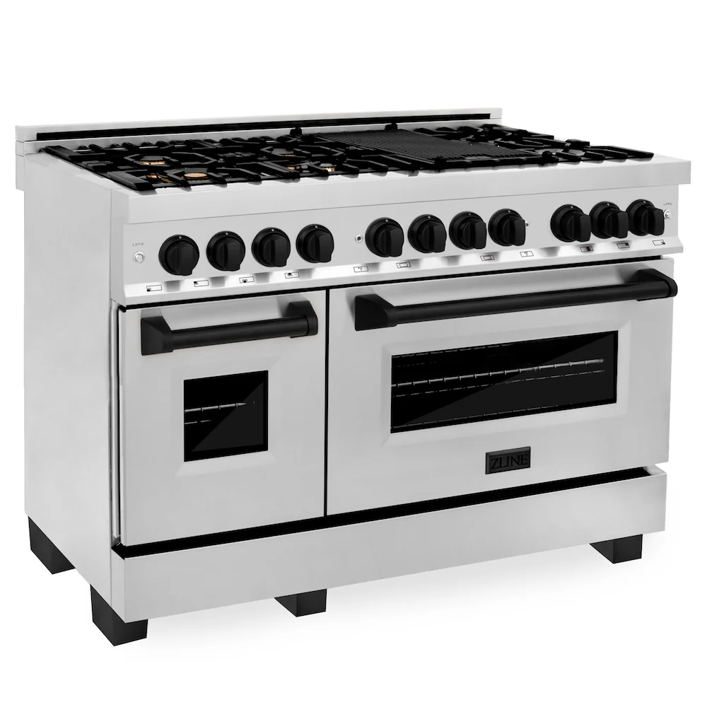 ZLINE Autograph Edition 48 in. 6.0 cu. ft. Legacy Dual Fuel Range with 7 Burner Gas Cooktop and 2 Electric Ovens in Stainless Steel and Matte Black Accents, Open Box-Great Condition