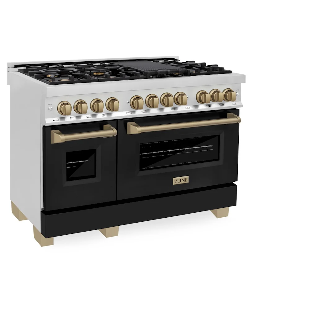 ZLINE Autograph Edition 48 in. 6.0 cu. ft. Legacy Dual Fuel Range with 7 Burner Gas Cooktop and 2 Electric Ovens in Stainless Steel with Black Matte Doors and Champagne Bronze Accents, Open Box-Great Condition