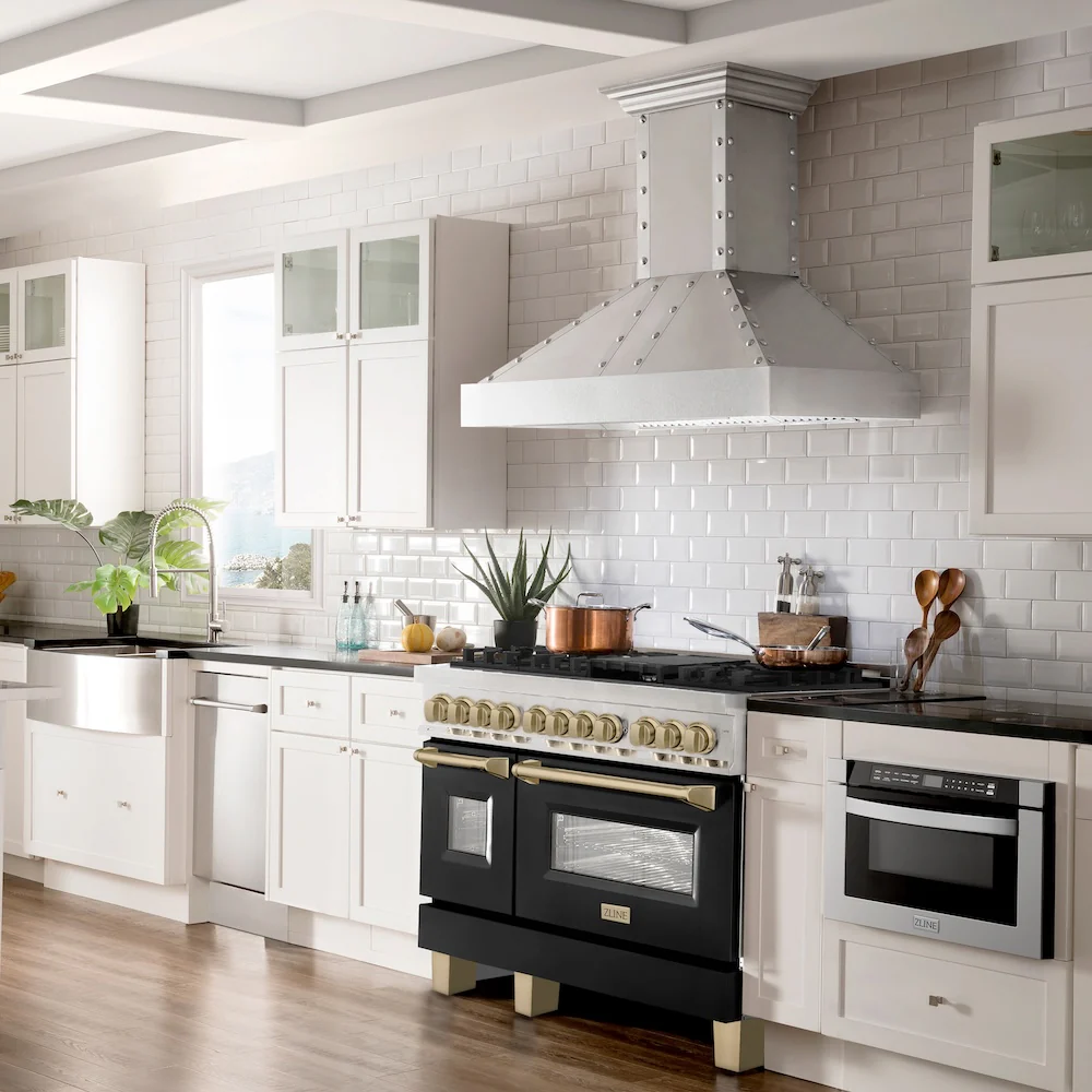 ZLINE Autograph Edition 48 in. 6.0 cu. ft. Legacy Dual Fuel Range with 7 Burner Gas Cooktop and 2 Electric Ovens in Stainless Steel with Black Matte Doors and Champagne Bronze Accents, Open Box-Great Condition - Image 3