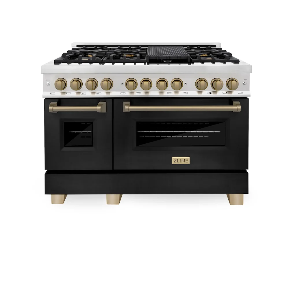 ZLINE Autograph Edition 48 in. 6.0 cu. ft. Legacy Dual Fuel Range with 7 Burner Gas Cooktop and 2 Electric Ovens in Stainless Steel with Black Matte Doors and Champagne Bronze Accents, Open Box-Great Condition - Image 4