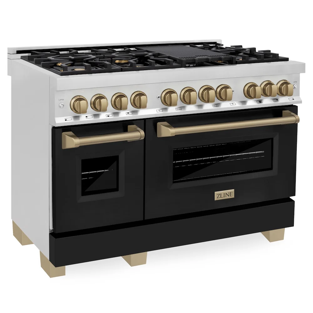 ZLINE Autograph Edition 48 in. 6.0 cu. ft. Legacy Dual Fuel Range with 7 Burner Gas Cooktop and 2 Electric Ovens in Stainless Steel with Black Matte Doors and Champagne Bronze Accents, Open Box-Great Condition - Image 5