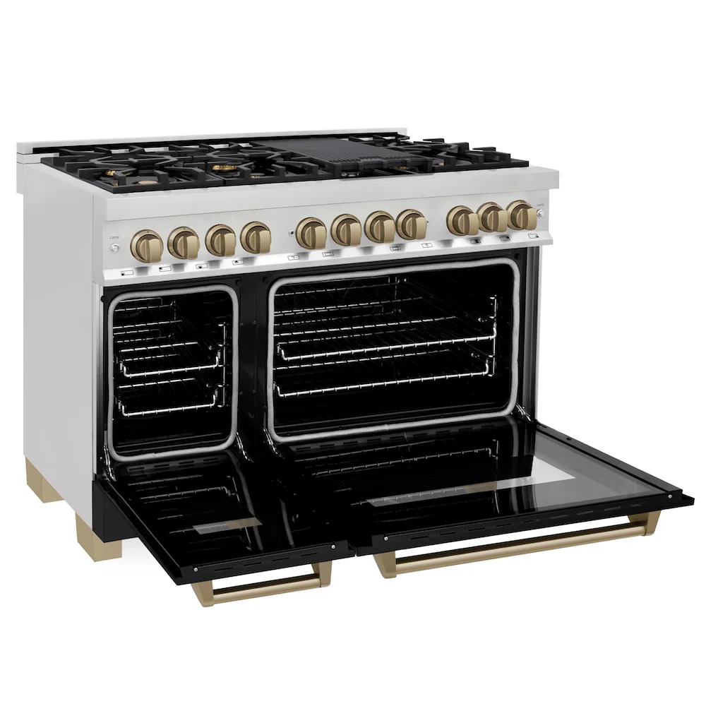 ZLINE Autograph Edition 48 in. 6.0 cu. ft. Legacy Dual Fuel Range with 7 Burner Gas Cooktop and 2 Electric Ovens in Stainless Steel with Black Matte Doors and Champagne Bronze Accents, Open Box-Great Condition - Image 6