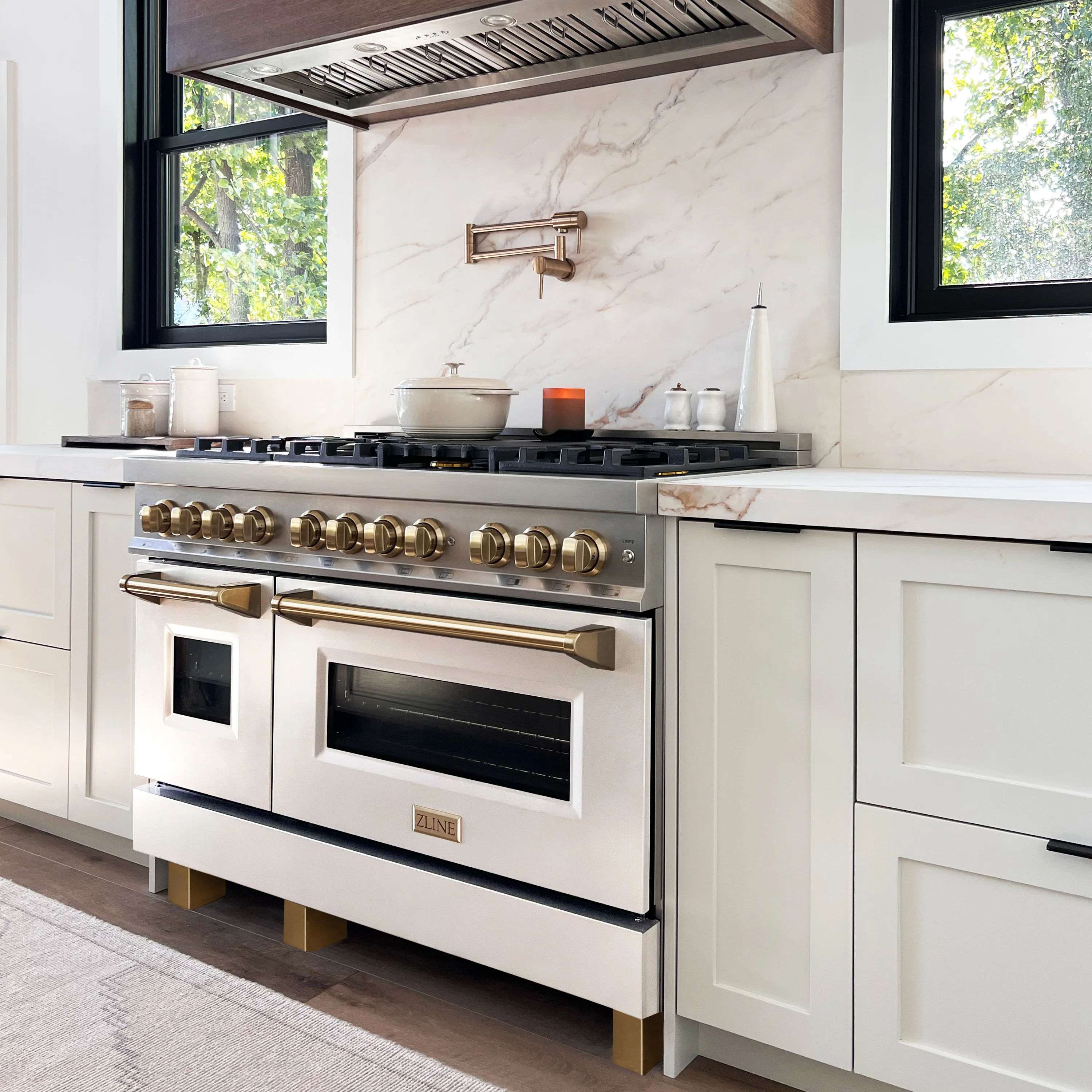 ZLINE Autograph Edition 48 in. 6.0 cu. ft. Legacy Dual Fuel Range with 7 Burner Gas Cooktop and 2 Electric Ovens in Stainless Steel with White Matte Doors and Champagne Bronze Accents, Open Box-Great Condition - Image 2