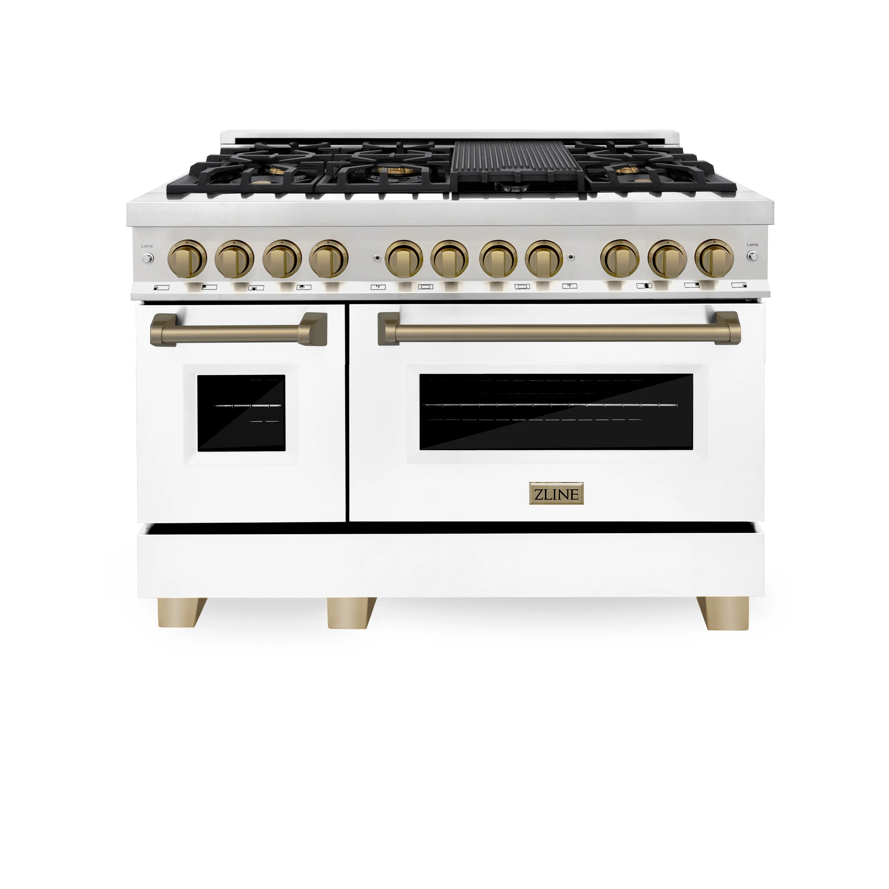 ZLINE Autograph Edition 48 in. 6.0 cu. ft. Legacy Dual Fuel Range with 7 Burner Gas Cooktop and 2 Electric Ovens in Stainless Steel with White Matte Doors and Champagne Bronze Accents, Open Box-Great Condition - Image 4