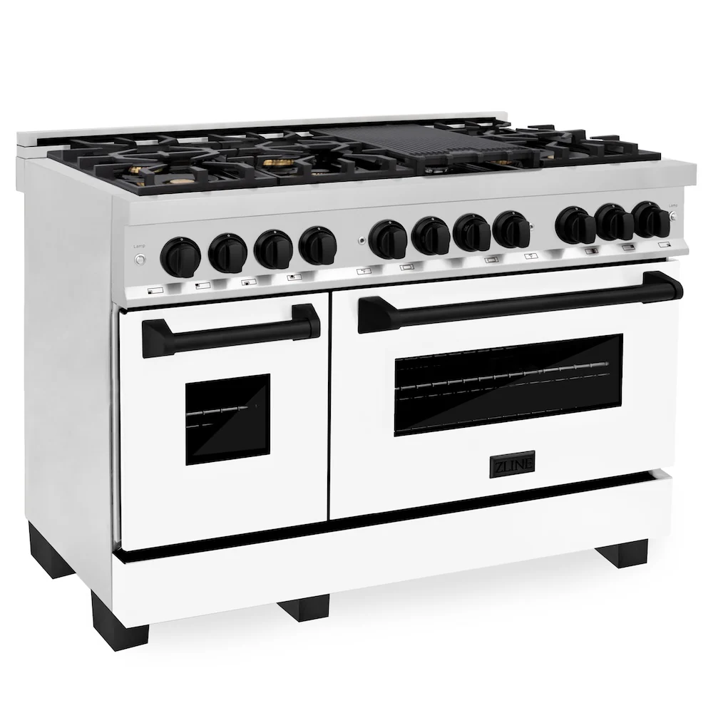 ZLINE Autograph Edition 48 in. 6.0 cu. ft. Legacy Dual Fuel Range with 7 Burner Gas Cooktop and 2 Electric Ovens in Stainless Steel with White Matte Doors and Matte Black Accents, Open Box-Great Condition