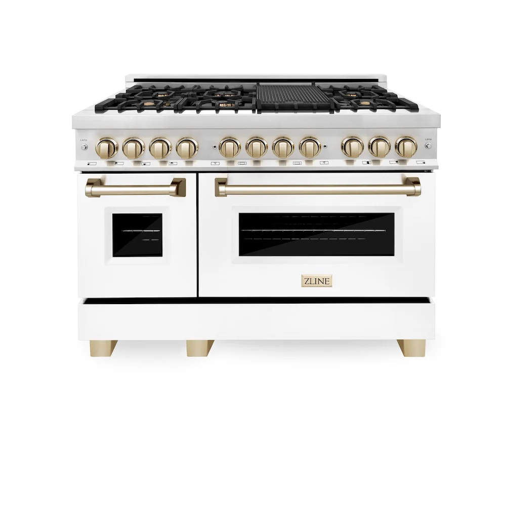 ZLINE Autograph Edition 48 in. 6.0 cu. ft. Legacy Dual Fuel Range with 7 Burner Gas Cooktop and 2 Electric Ovens in Stainless Steel with White Matte Doors and Polished Gold Accents, Open Box-Great Condition - Image 4