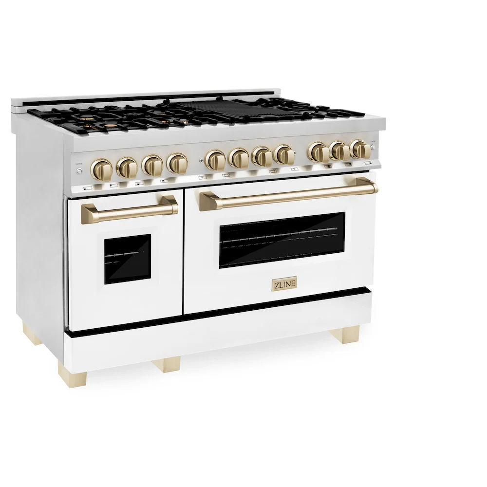ZLINE Autograph Edition 48 in. 6.0 cu. ft. Legacy Dual Fuel Range with 7 Burner Gas Cooktop and 2 Electric Ovens in Stainless Steel with White Matte Doors and Polished Gold Accents, Open Box-Great Condition - Image 5