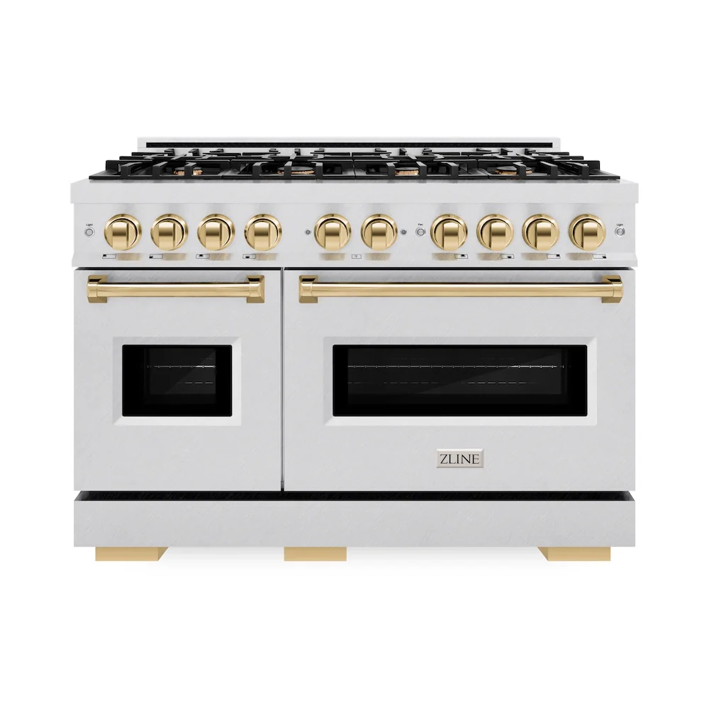 ZLINE Autograph Edition 48 in. 6.7 cu. ft. Classic Double Oven Dual Fuel Range with 8 Burner Gas Cooktop in Satin Stainless Steel and Polished Gold Accents, Open Box-Great Condition - Image 4