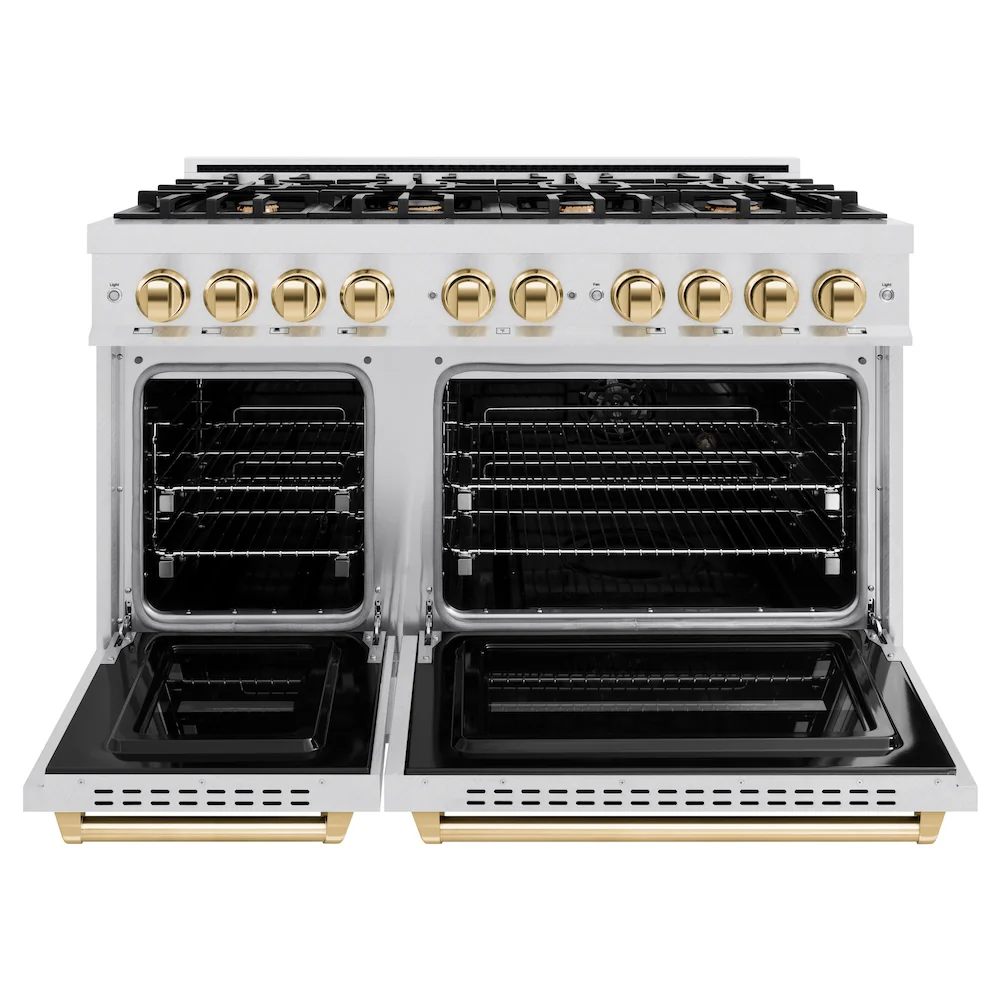 ZLINE Autograph Edition 48 in. 6.7 cu. ft. Classic Double Oven Dual Fuel Range with 8 Burner Gas Cooktop in Satin Stainless Steel and Polished Gold Accents, Open Box-Great Condition - Image 5