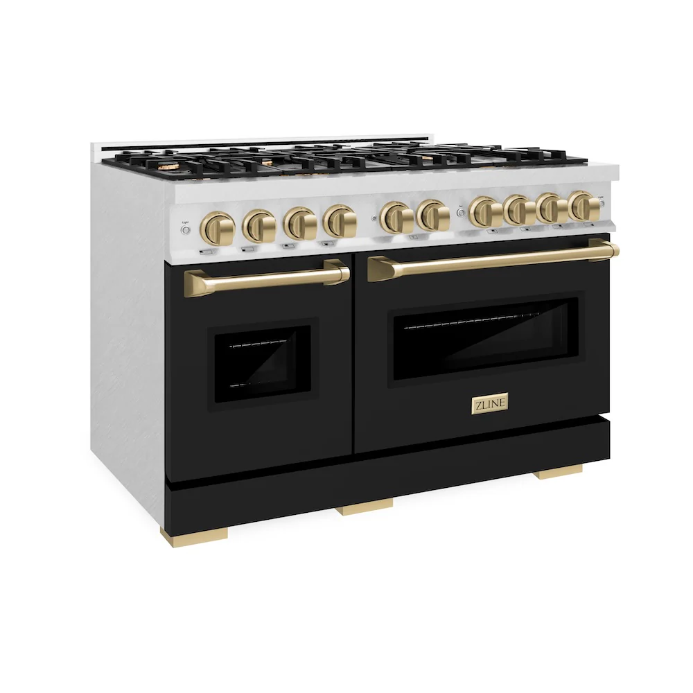 ZLINE Autograph Edition 48 in. 6.7 cu. ft. Classic Double Oven Dual Fuel Range with 8 Burner Gas Cooktop in Satin Stainless Steel with Black Matte Doors and Champagne Bronze Accents, Open Box-Great Condition