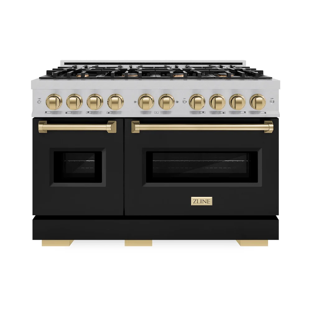 ZLINE Autograph Edition 48 in. 6.7 cu. ft. Classic Double Oven Dual Fuel Range with 8 Burner Gas Cooktop in Satin Stainless Steel with Black Matte Doors and Champagne Bronze Accents, Open Box-Great Condition - Image 4