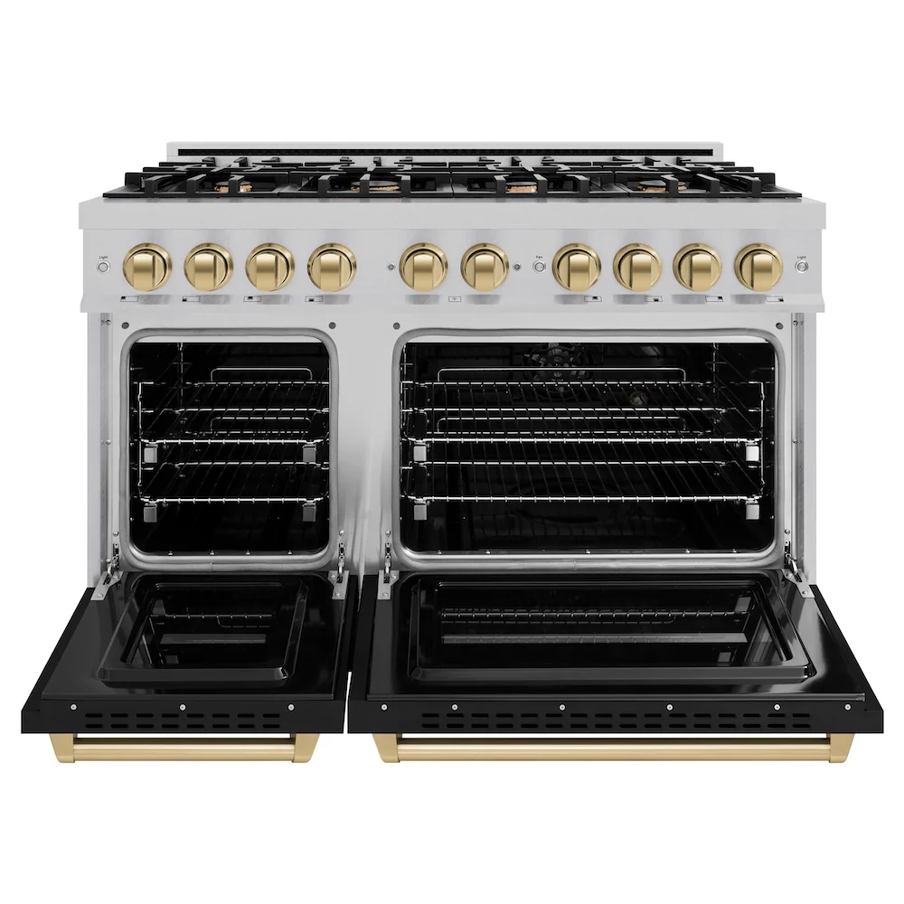 ZLINE Autograph Edition 48 in. 6.7 cu. ft. Classic Double Oven Dual Fuel Range with 8 Burner Gas Cooktop in Satin Stainless Steel with Black Matte Doors and Champagne Bronze Accents, Open Box-Great Condition - Image 5