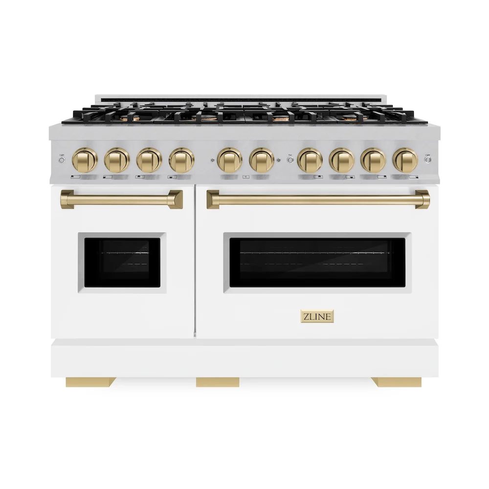 ZLINE Autograph Edition 48 in. 6.7 cu. ft. Classic Double Oven Dual Fuel Range with 8 Burner Gas Cooktop in Satin Stainless Steel with White Matte Doors and Champagne Bronze Accents, Open Box-Great Condition - Image 4