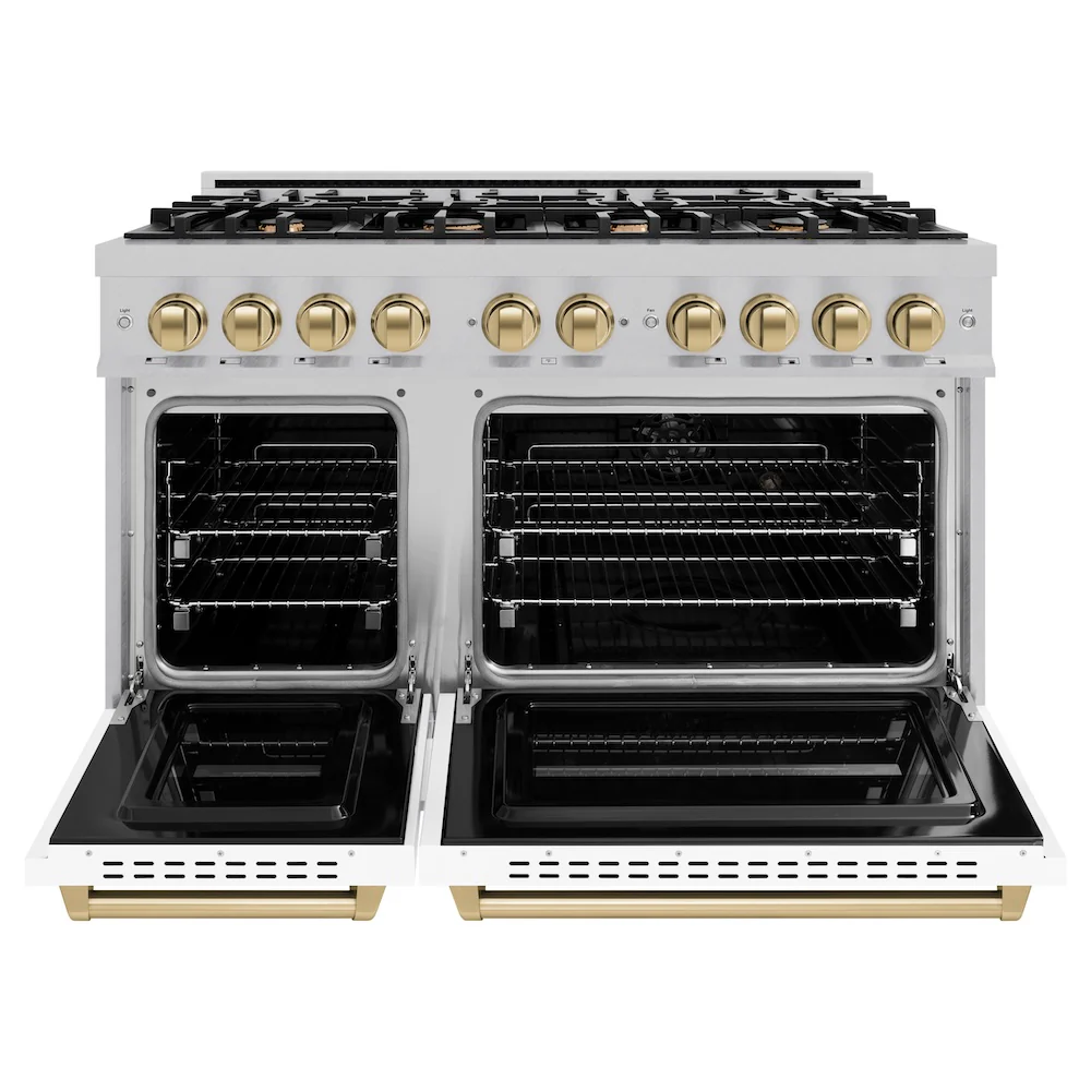 ZLINE Autograph Edition 48 in. 6.7 cu. ft. Classic Double Oven Dual Fuel Range with 8 Burner Gas Cooktop in Satin Stainless Steel with White Matte Doors and Champagne Bronze Accents, Open Box-Great Condition - Image 5