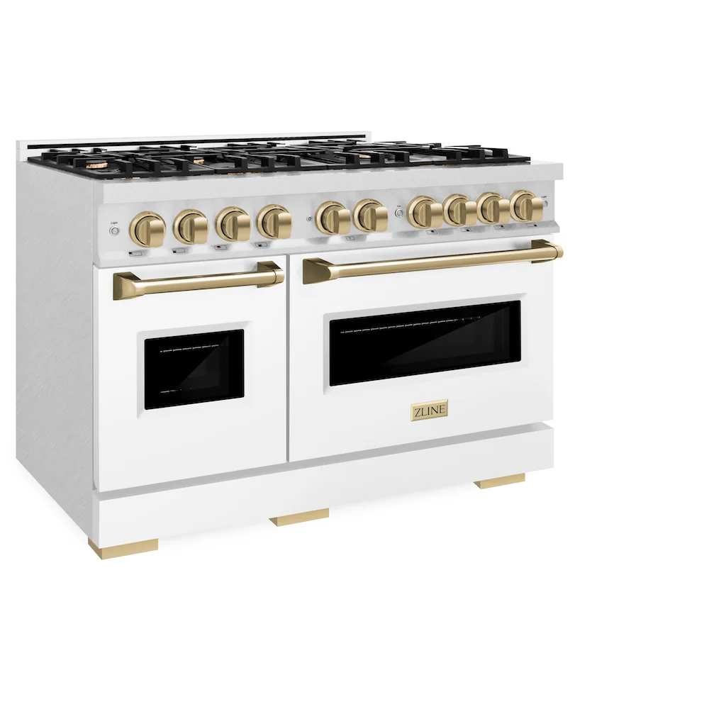 ZLINE Autograph Edition 48 in. 6.7 cu. ft. Classic Double Oven Dual Fuel Range with 8 Burner Gas Cooktop in Satin Stainless Steel with White Matte Doors and Champagne Bronze Accents, Open Box-Great Condition - Image 6