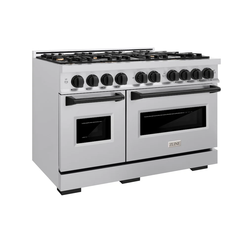 ZLINE Autograph Edition 48 in. 6.7 cu. ft. Classic Double Oven Dual Fuel Range with 8 Burner Gas Cooktop in Stainless Steel and Matte Black Accents, Open Box-Great Condition