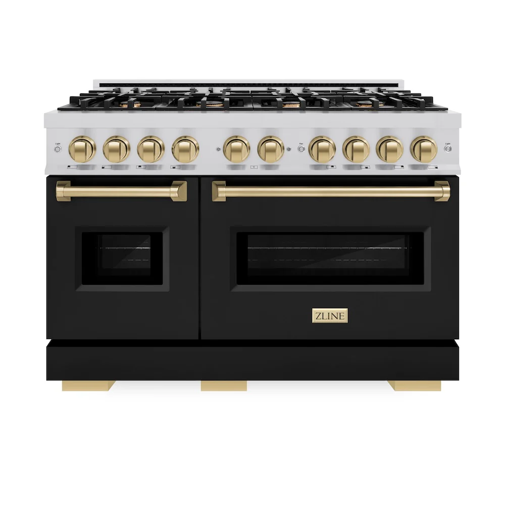 ZLINE Autograph Edition 48 in. 6.7 cu. ft. Classic Double Oven Dual Fuel Range with 8 Burner Gas Cooktop in Stainless Steel with Black Matte Doors and Champagne Bronze Accents, Open Box-Great Condition - Image 4