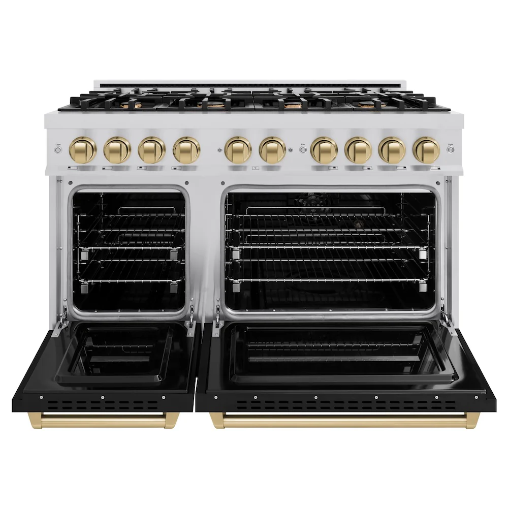 ZLINE Autograph Edition 48 in. 6.7 cu. ft. Classic Double Oven Dual Fuel Range with 8 Burner Gas Cooktop in Stainless Steel with Black Matte Doors and Champagne Bronze Accents, Open Box-Great Condition - Image 5