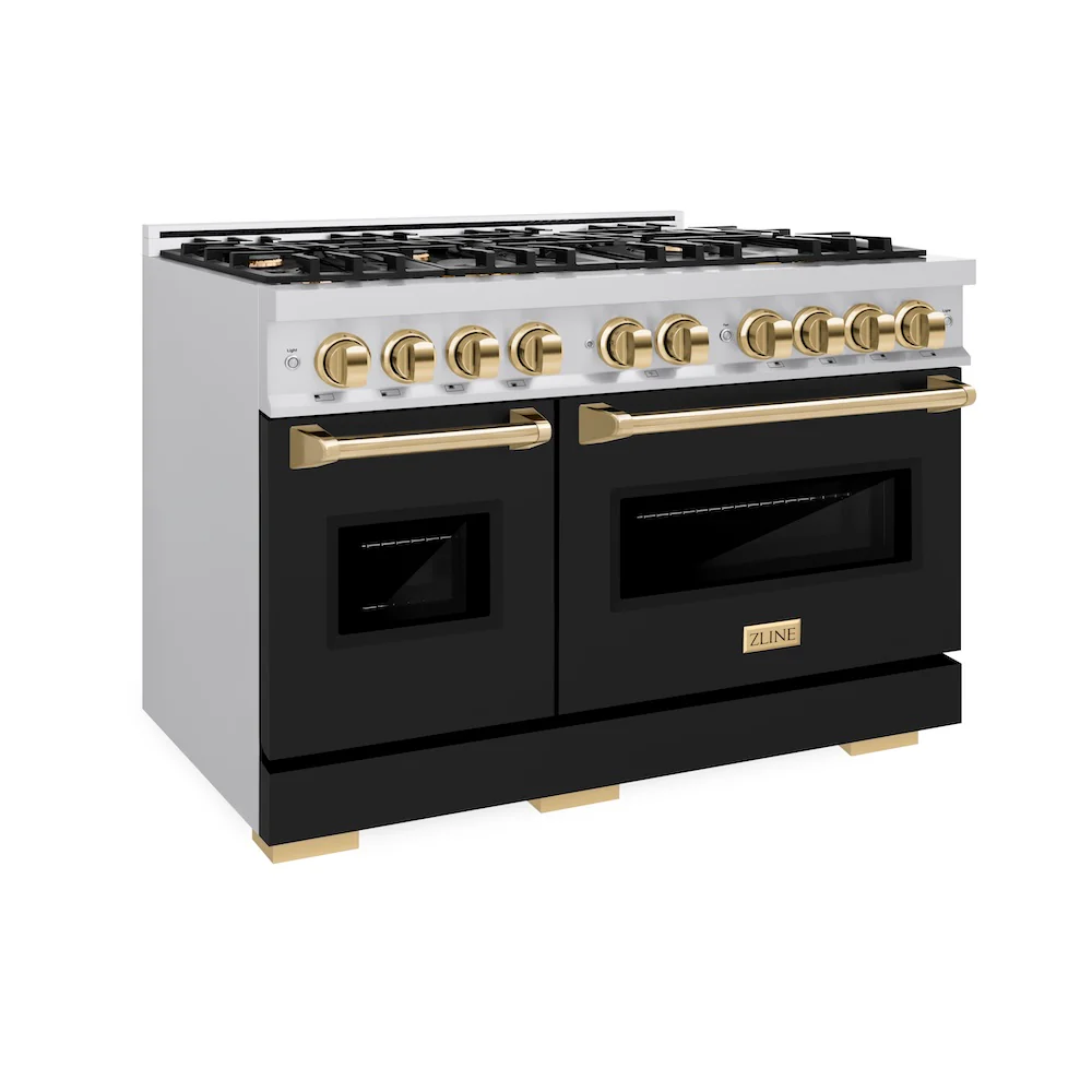 ZLINE Autograph Edition 48 in. 6.7 cu. ft. Classic Double Oven Dual Fuel Range with 8 Burner Gas Cooktop in Stainless Steel with Black Matte Doors and Polished Gold Accents, Open Box-Great Condition