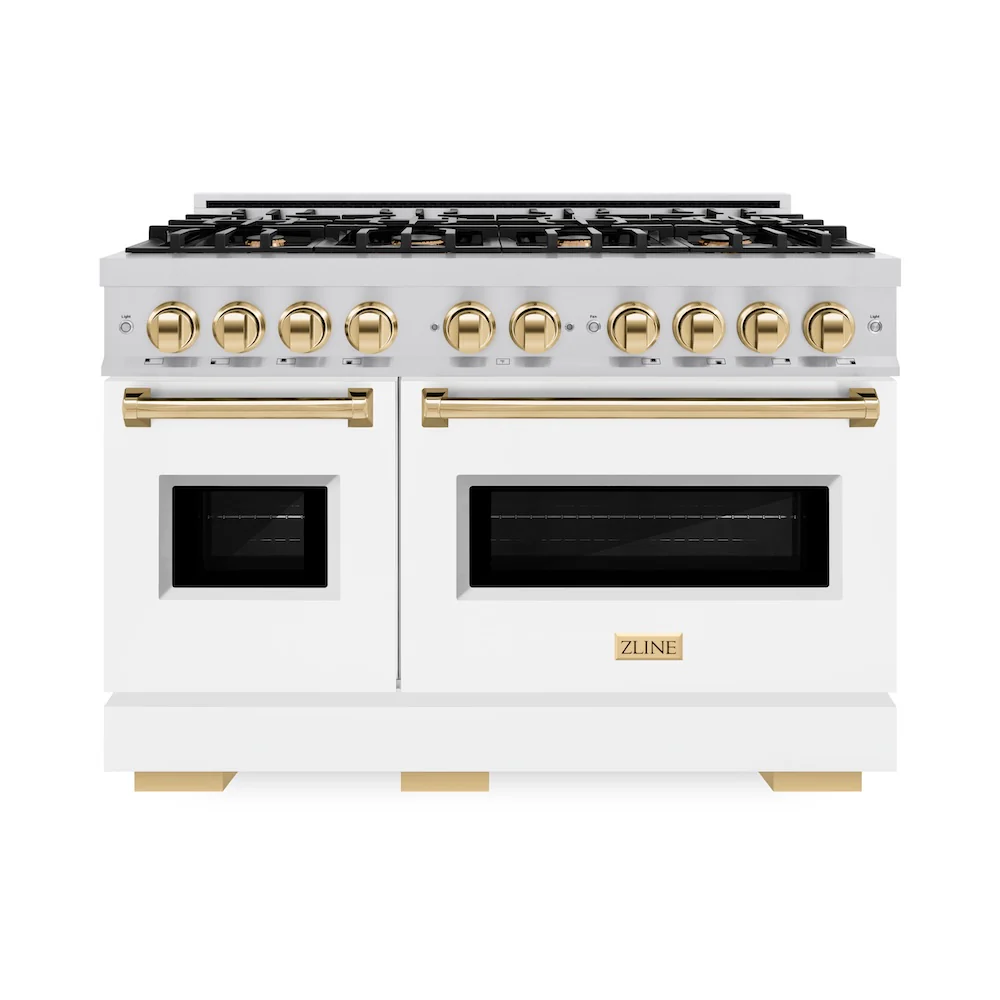 ZLINE Autograph Edition 48 in. 6.7 cu. ft. Classic Double Oven Dual Fuel Range with 8 Burner Gas Cooktop in Stainless Steel with White Matte Door and Polished Gold Accents, Open Box-Great Condition - Image 3