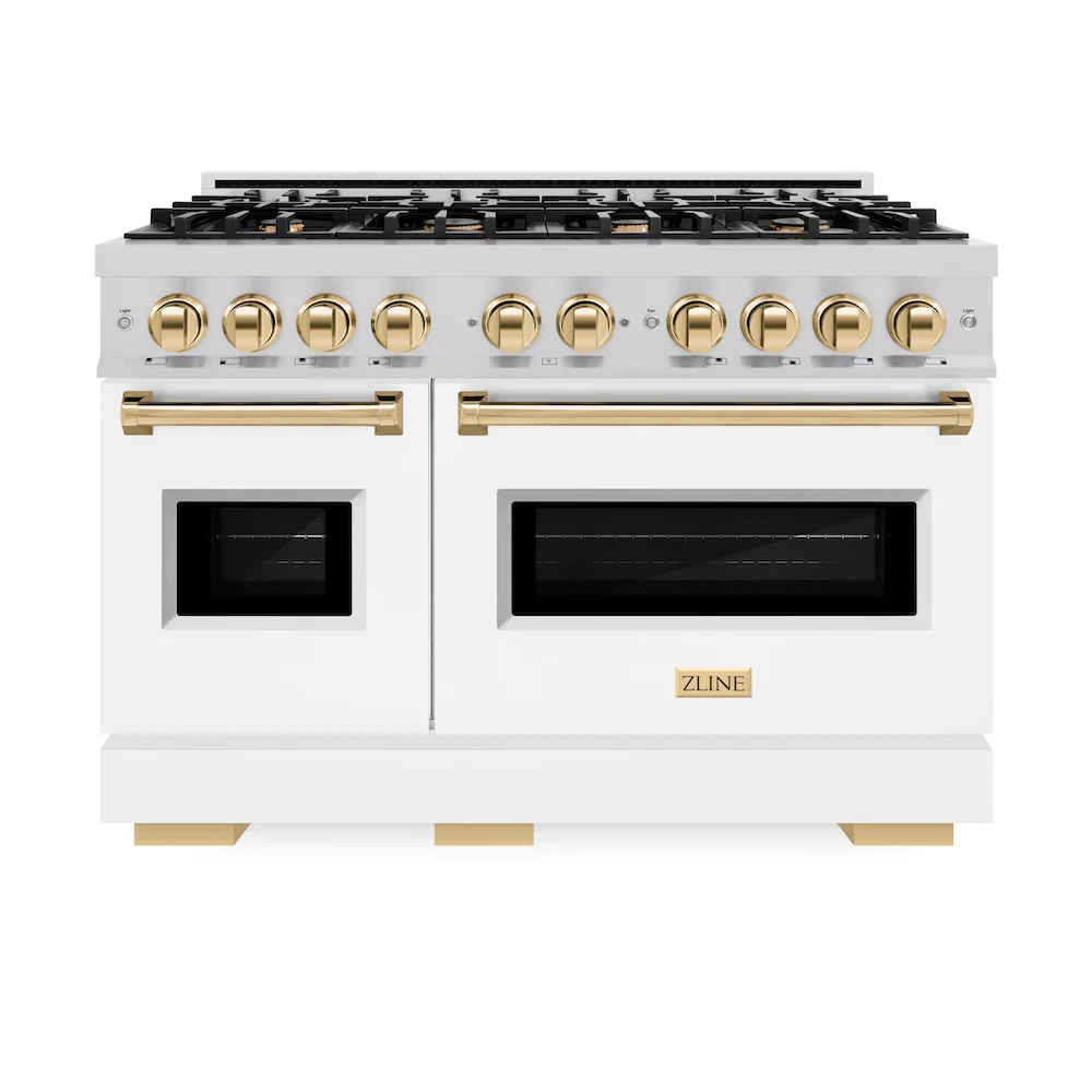 ZLINE Autograph Edition 48 in. 6.7 cu. ft. Classic Double Oven Dual Fuel Range with 8 Burner Gas Cooktop in Stainless Steel with White Matte Door and Polished Gold Accents, Open Box-Great Condition - Image 4